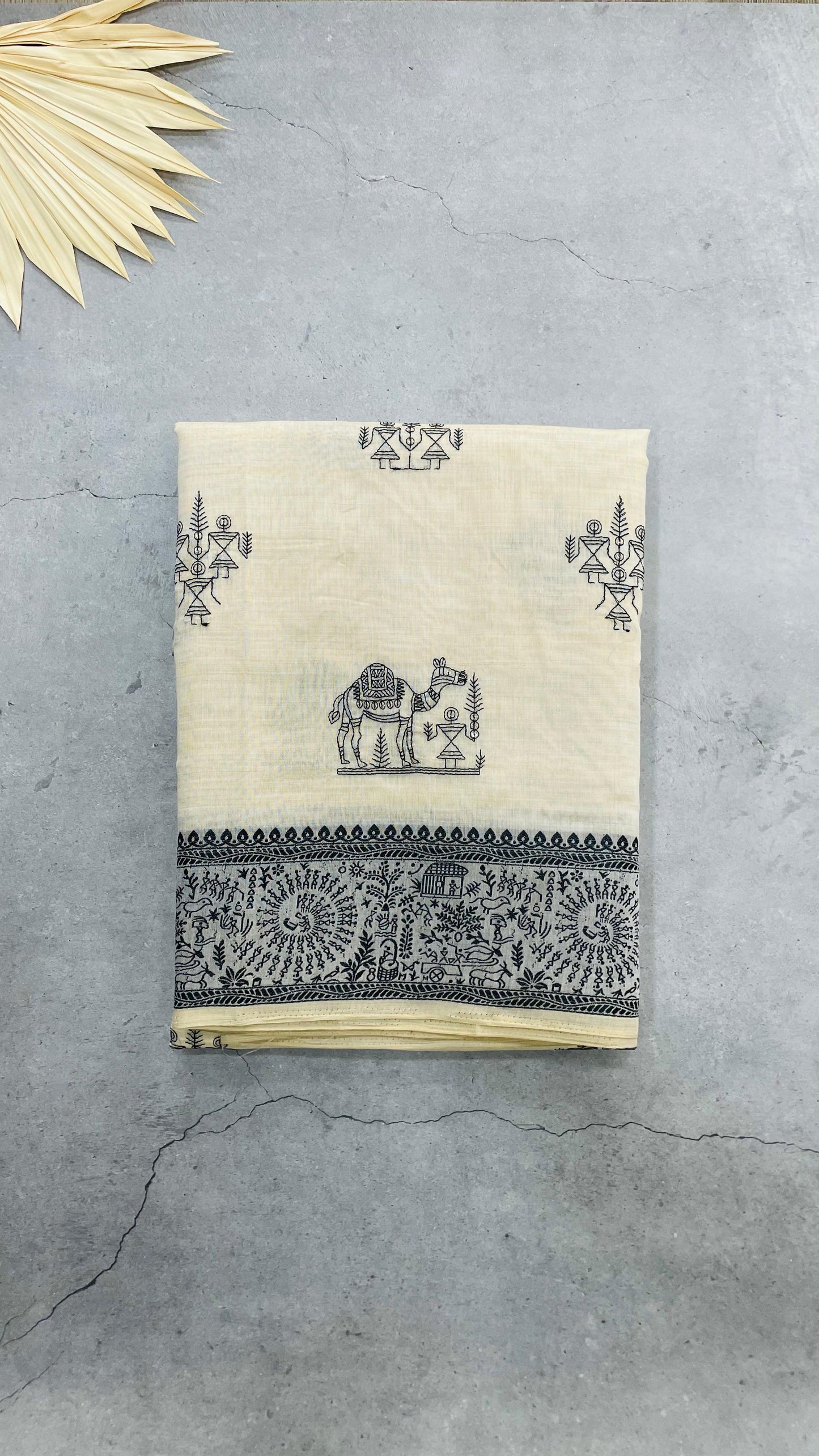 Soft Silk Cotton Saree with Black kantha Embroidery (CREAM)