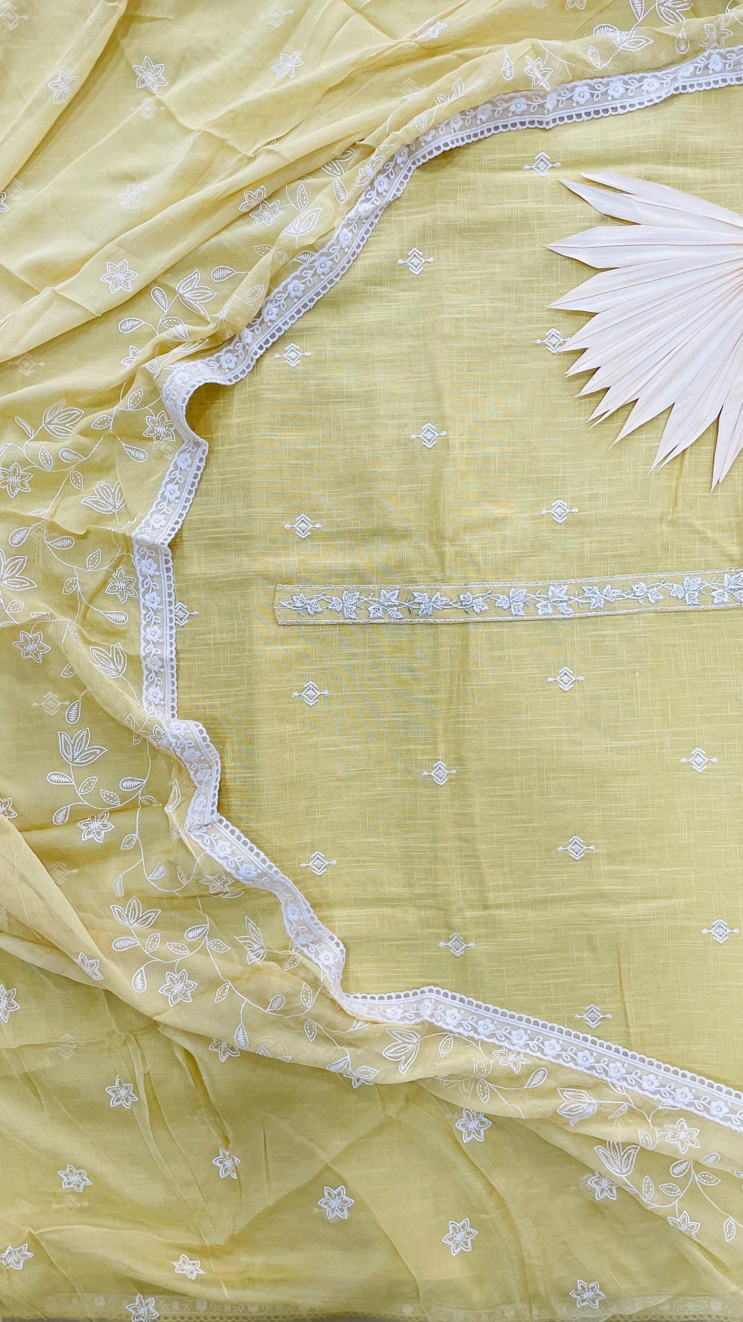Soft Pastel Colour Embroidered Linen Salwar Suit with Chiffon Dupatta (YELLOW)