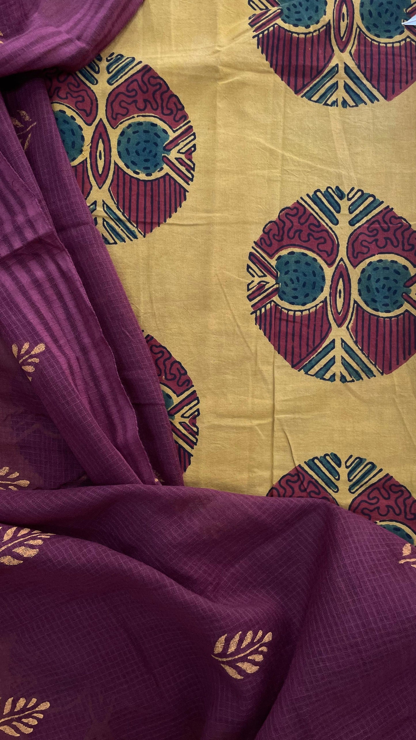Soft Handblock Printed Cotton Salwar Suit with Mulmul Dupatta (MUSTARD & MAROON)