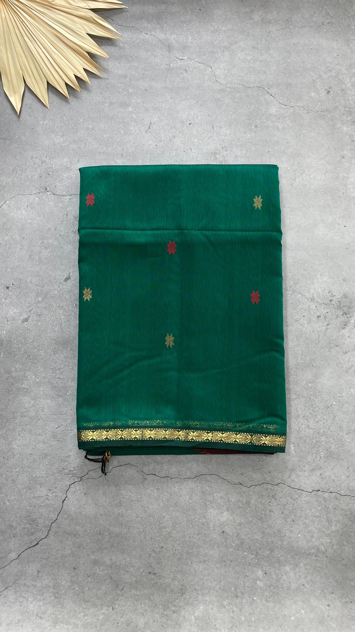 Handwoven Maheshwari Silk Cotton Saree with Buttas (Bottle Green)