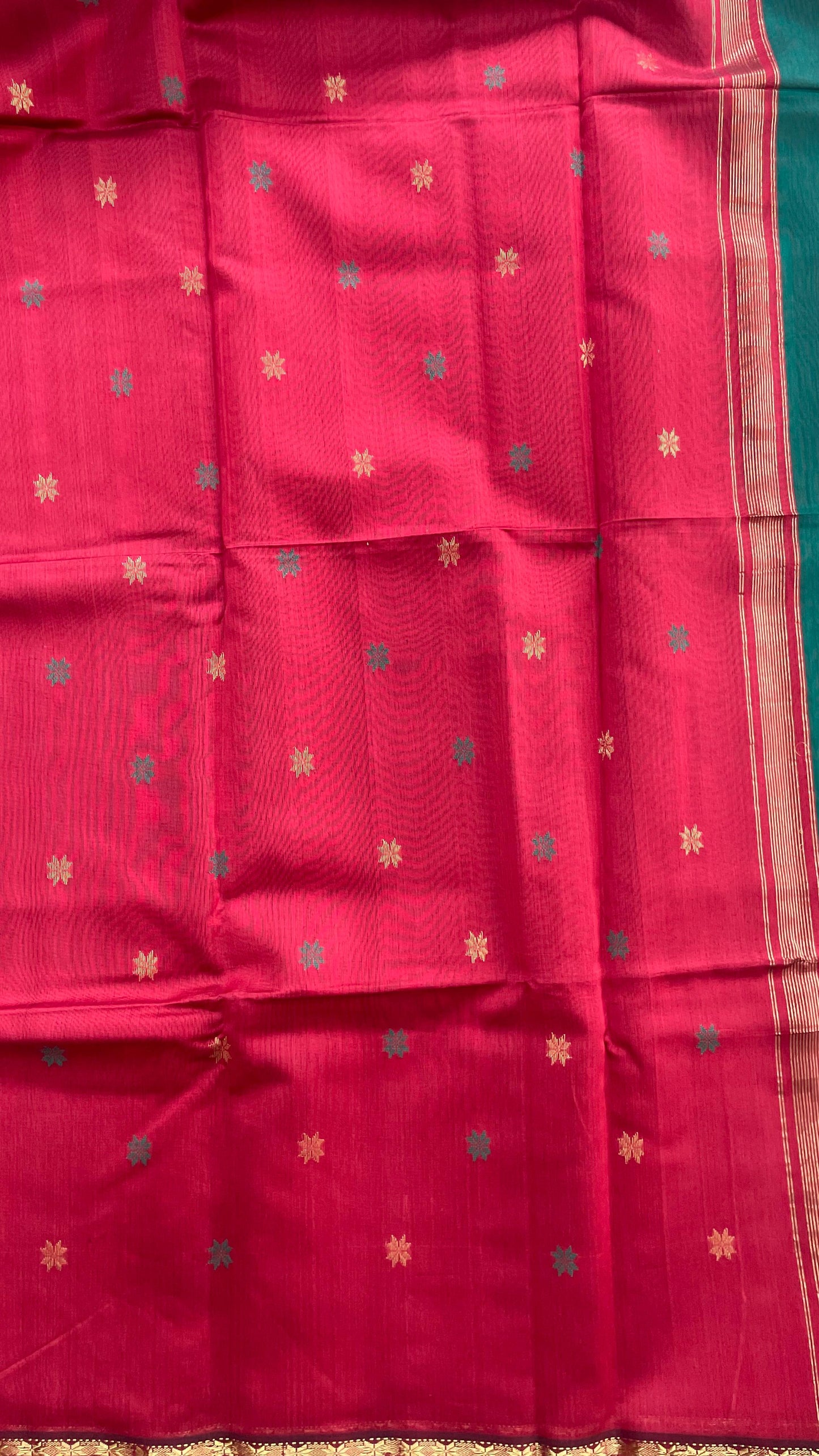 Handwoven Maheshwari Silk Cotton Saree with Buttas (Bottle Green)