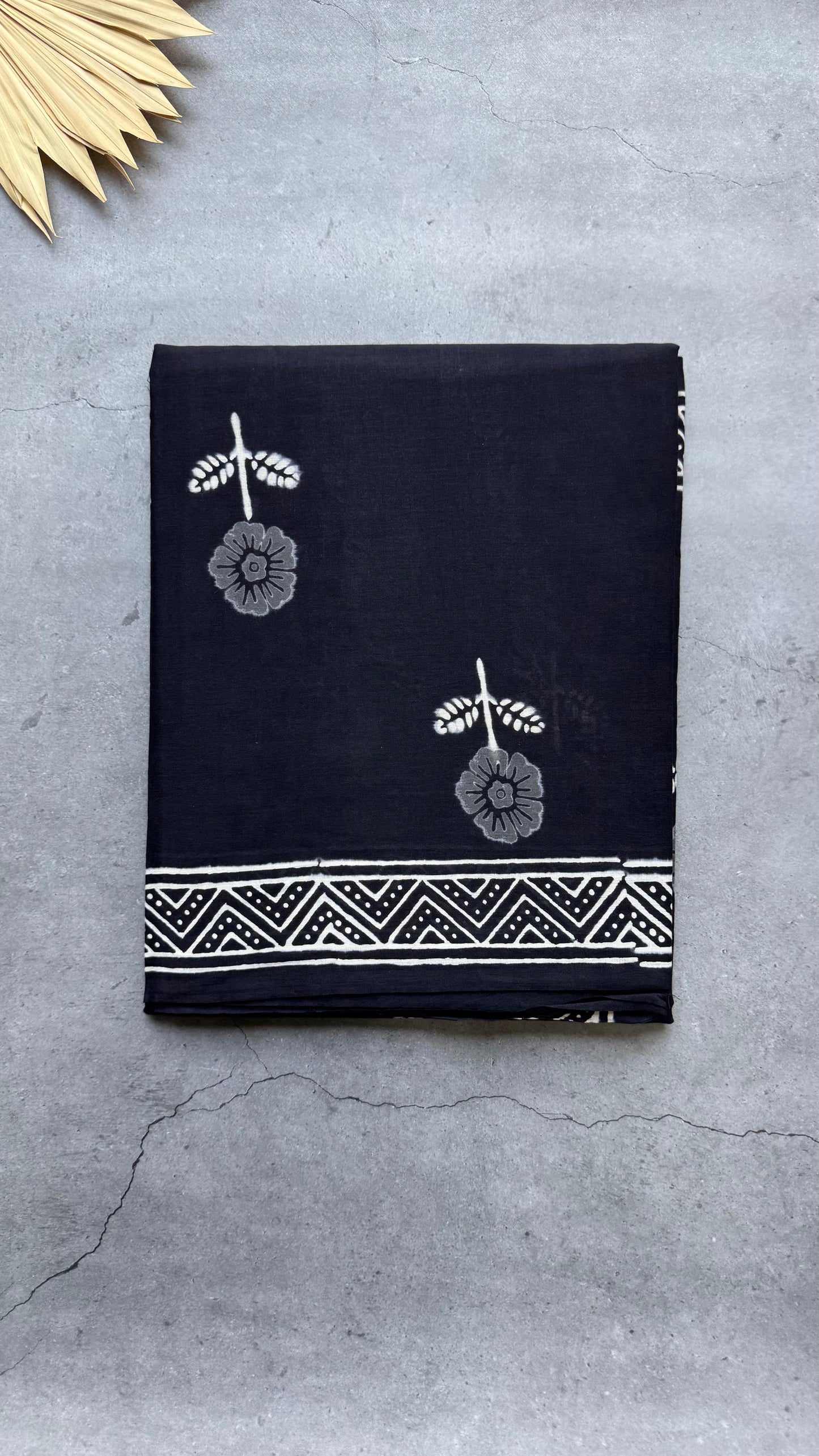 Soft Handblock Printed Cotton Saree (BLACK)