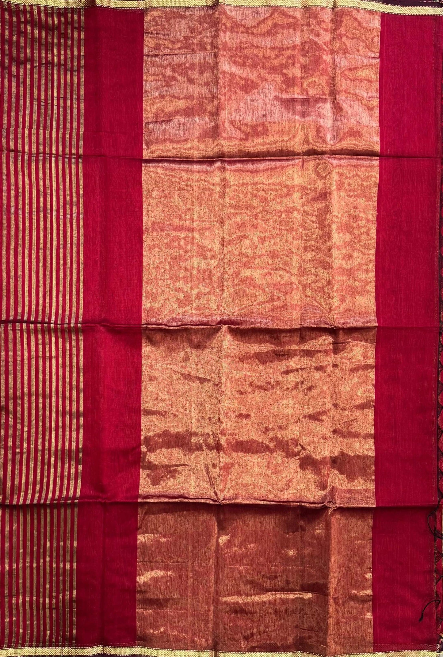 Handwoven Maheshwari Silk Tissue Saree with Gold stripes (DEEP RED & GOLD)