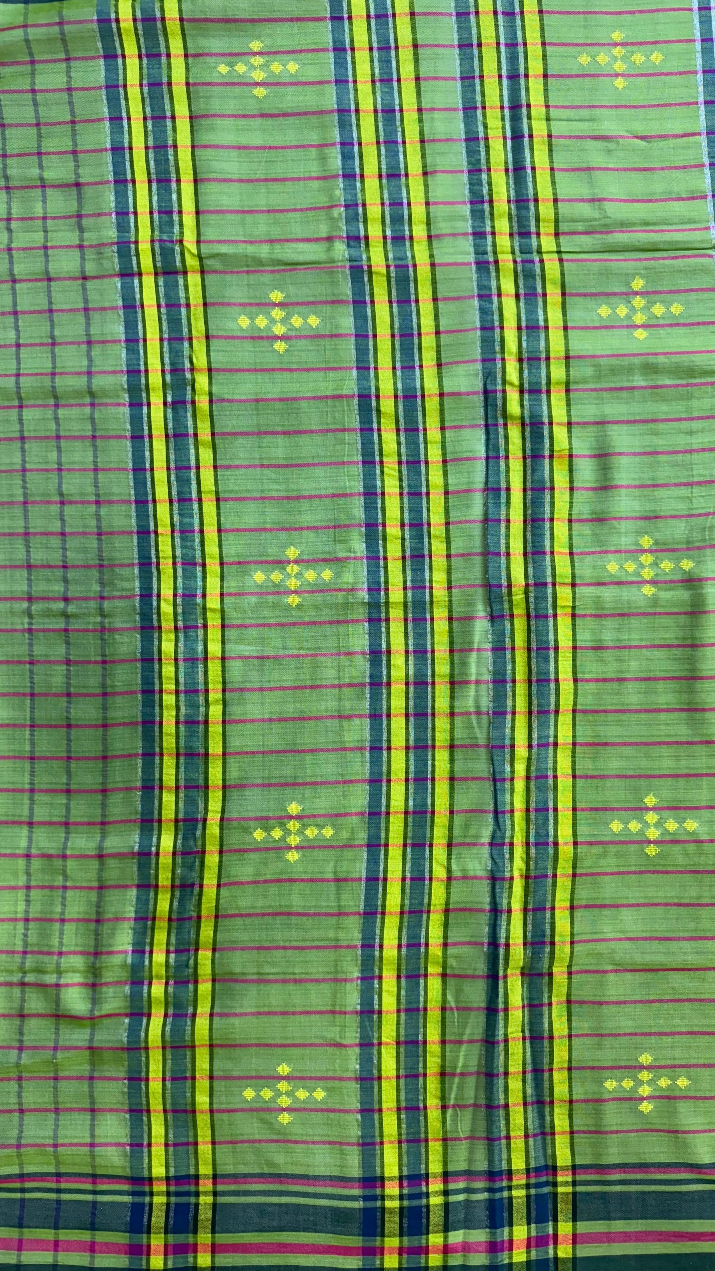 Premium Handwoven Soft Cotton Checks Jamdani Saree (GREEN)