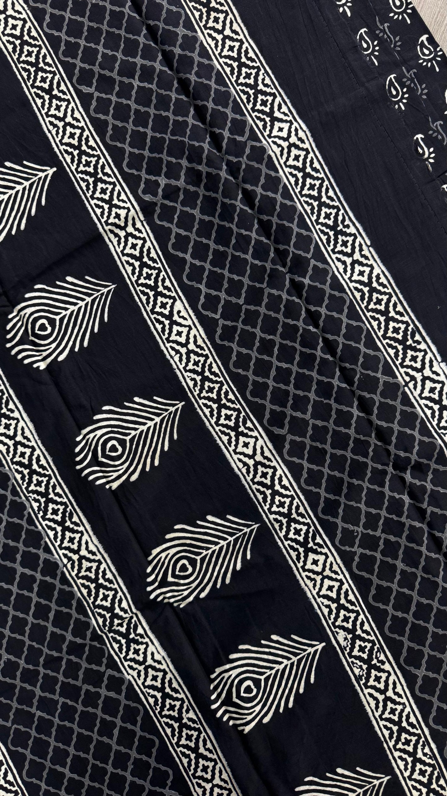Soft Block Printed Mulmul Cotton Saree (BLACK)