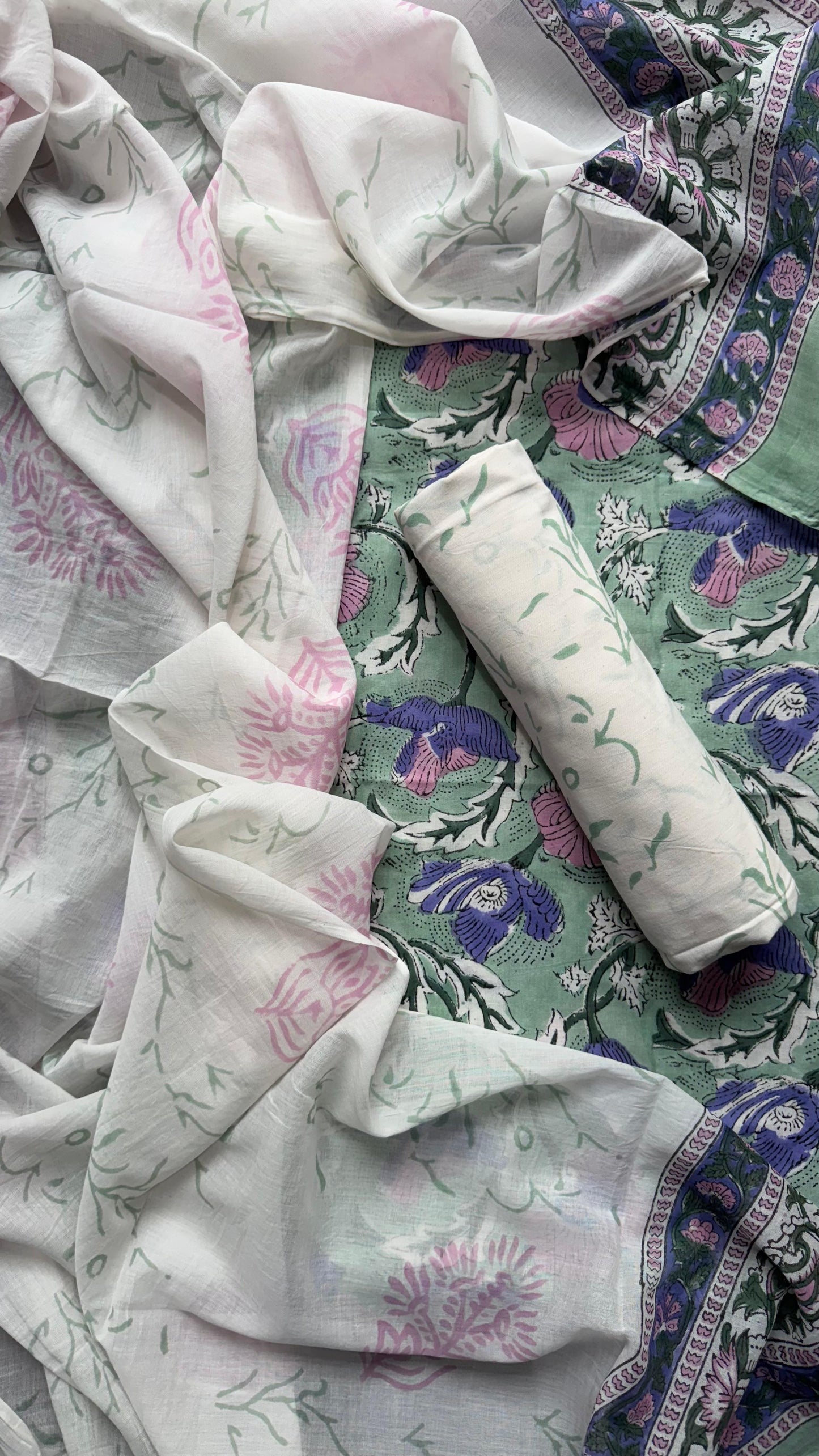 Soft Block Printed Mulmul Cotton Salwar Suit with Dupatta (PASTEL GREEN)