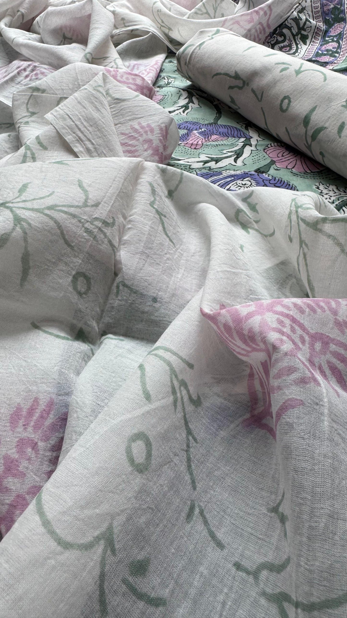 Soft Block Printed Mulmul Cotton Salwar Suit with Dupatta (PASTEL GREEN)