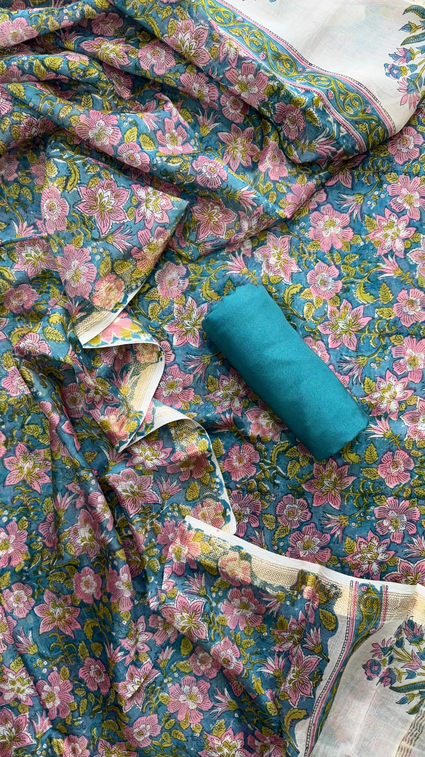 Maheshwari Silk Cotton Salwar Suit (AQUA BLUE & PINK)