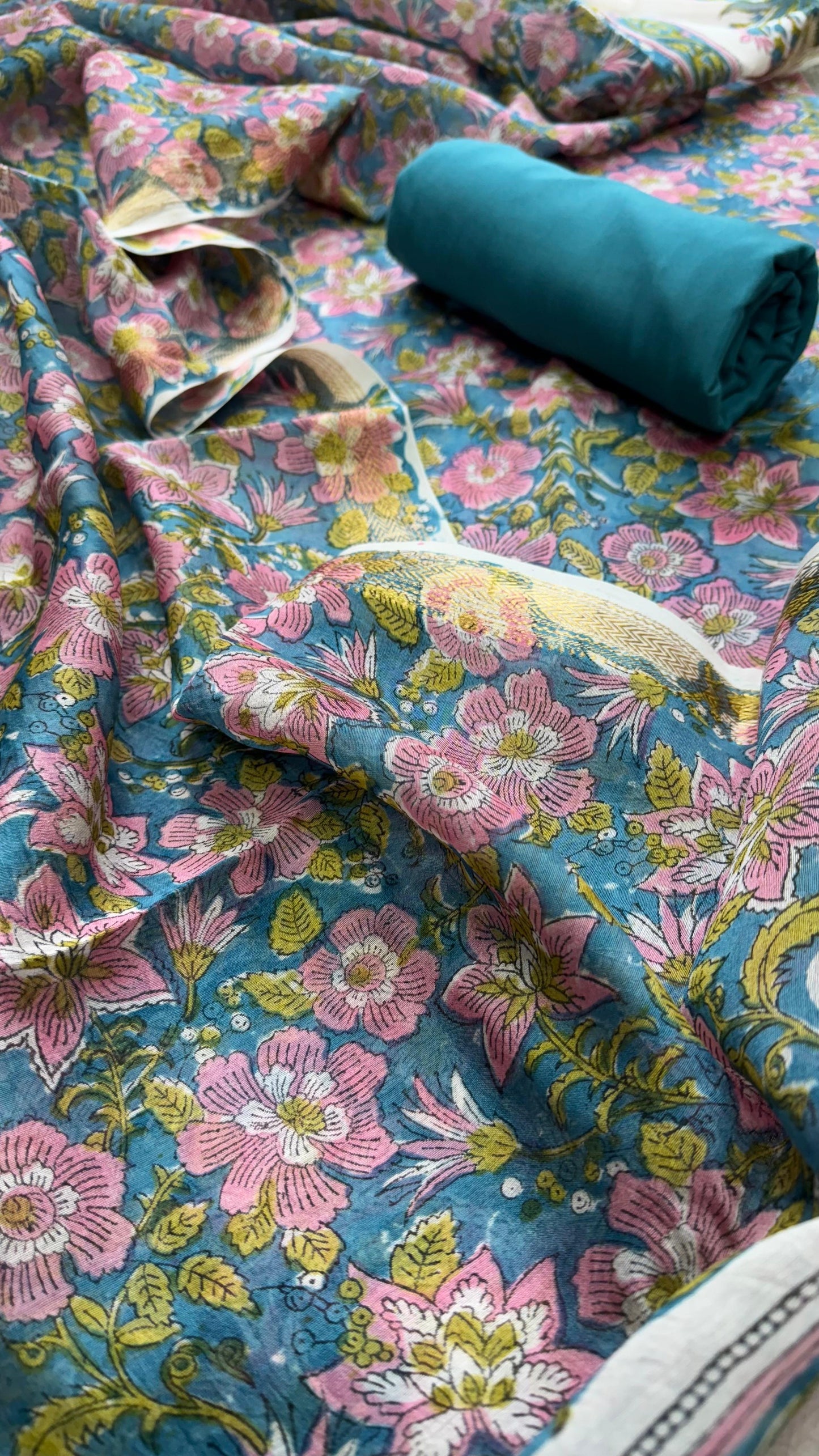 Maheshwari Silk Cotton Salwar Suit (AQUA BLUE & PINK)