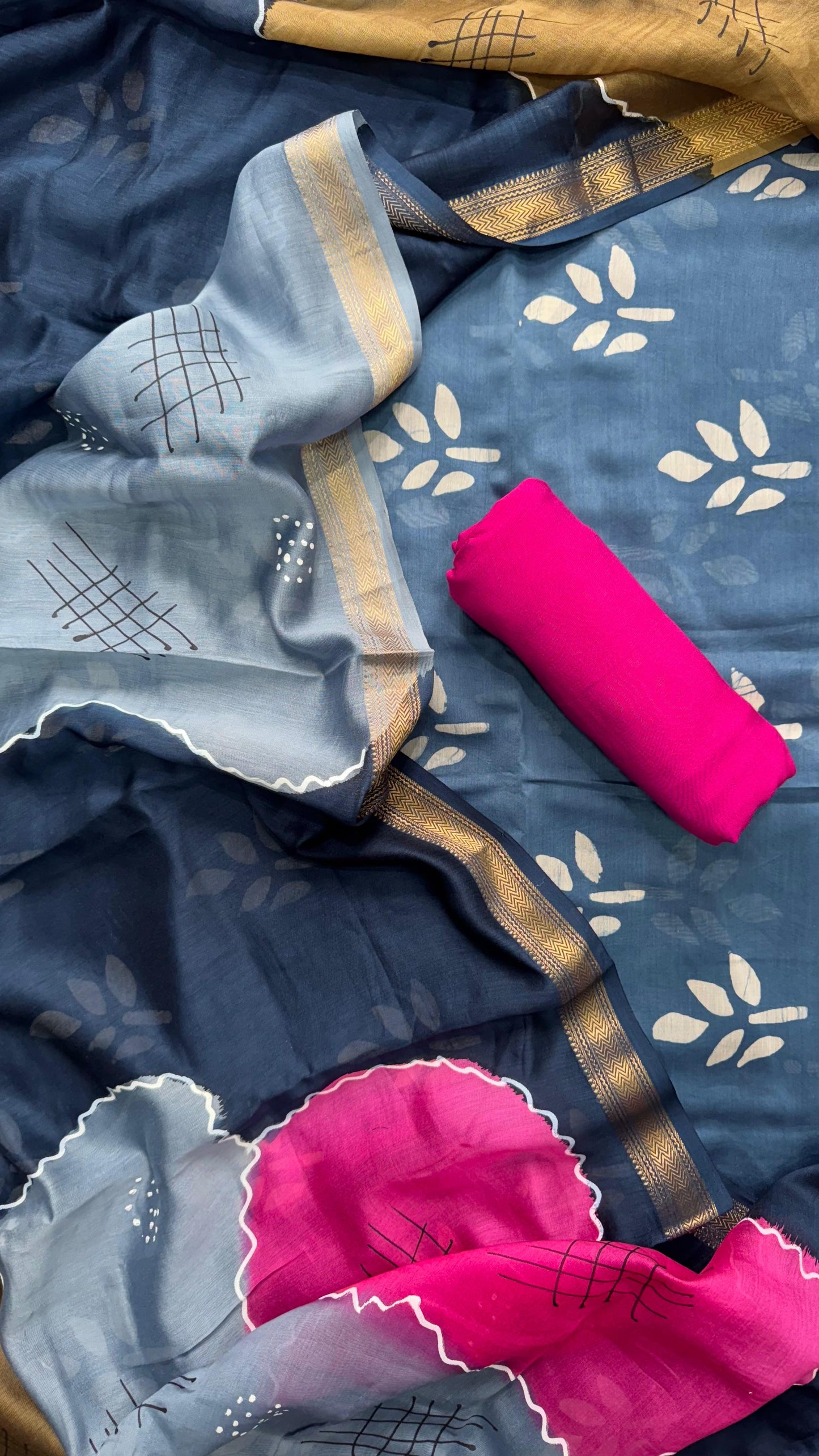Maheshwari Silk Cotton Salwar Suit (NAVY BLUE & PINK)