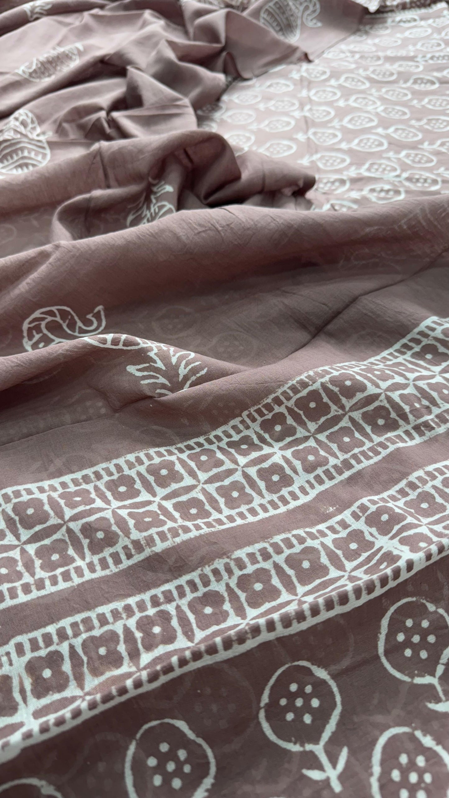 Soft Block Printed Cotton Salwar Suit with Mul Dupatta (MUSHROOM BROWN)