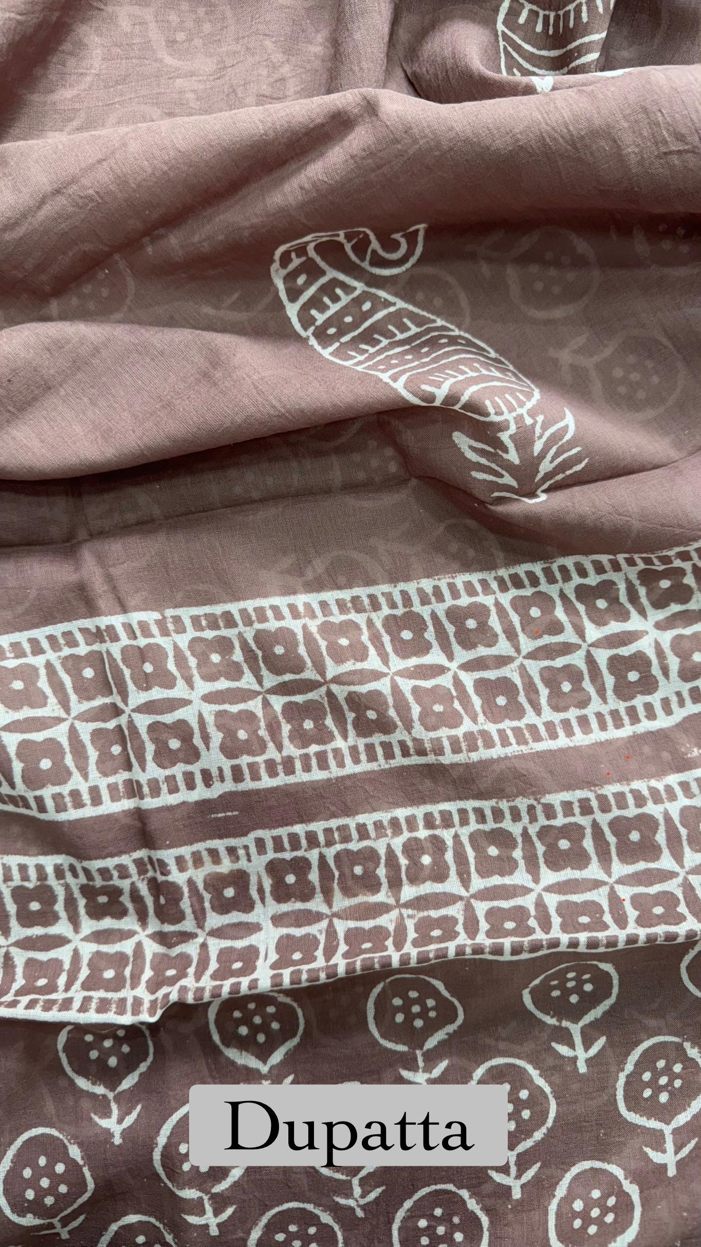 Soft Block Printed Cotton Salwar Suit with Mul Dupatta (MUSHROOM BROWN)