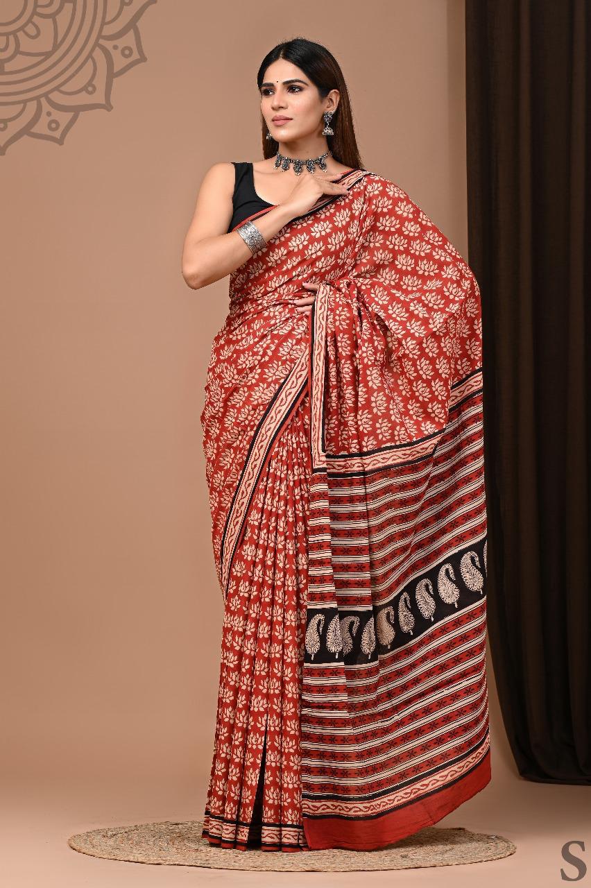 Soft Block Printed Mulmul Cotton Saree (MAROON)