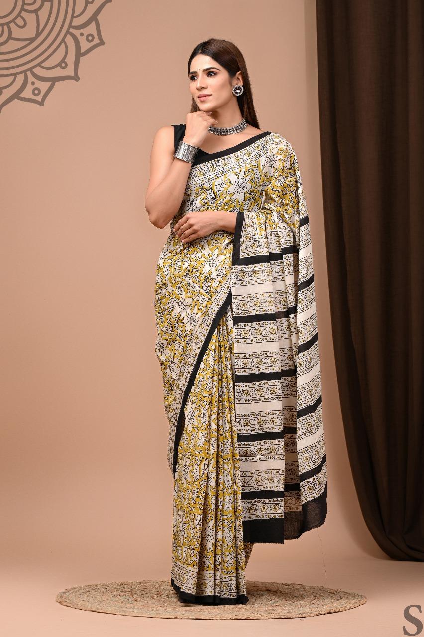 Soft Block Printed Mulmul Cotton Saree (MUSTARD & CREAM)