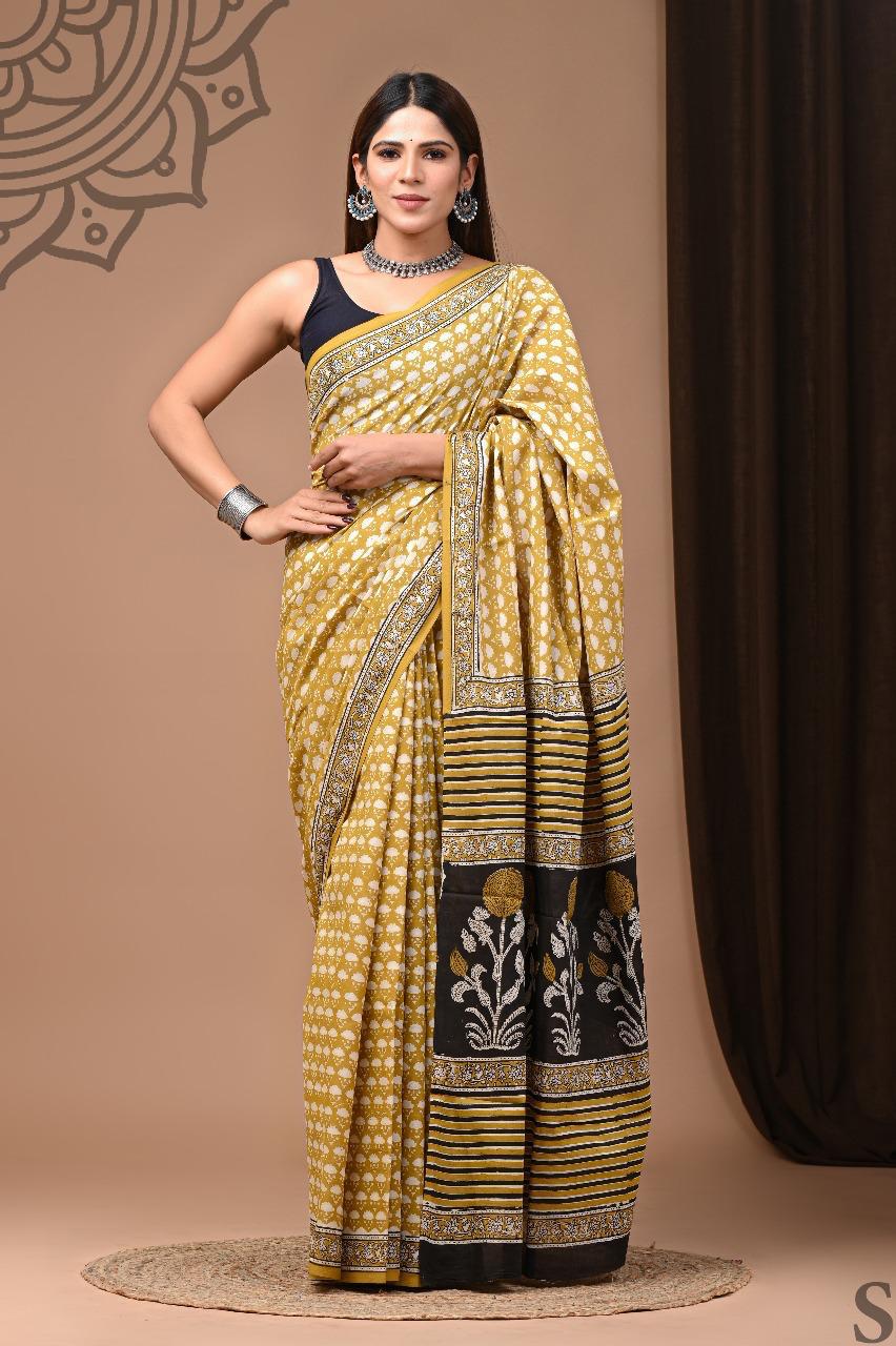 Soft Block Printed Mulmul Cotton Saree (MUSTARD YELLOW)