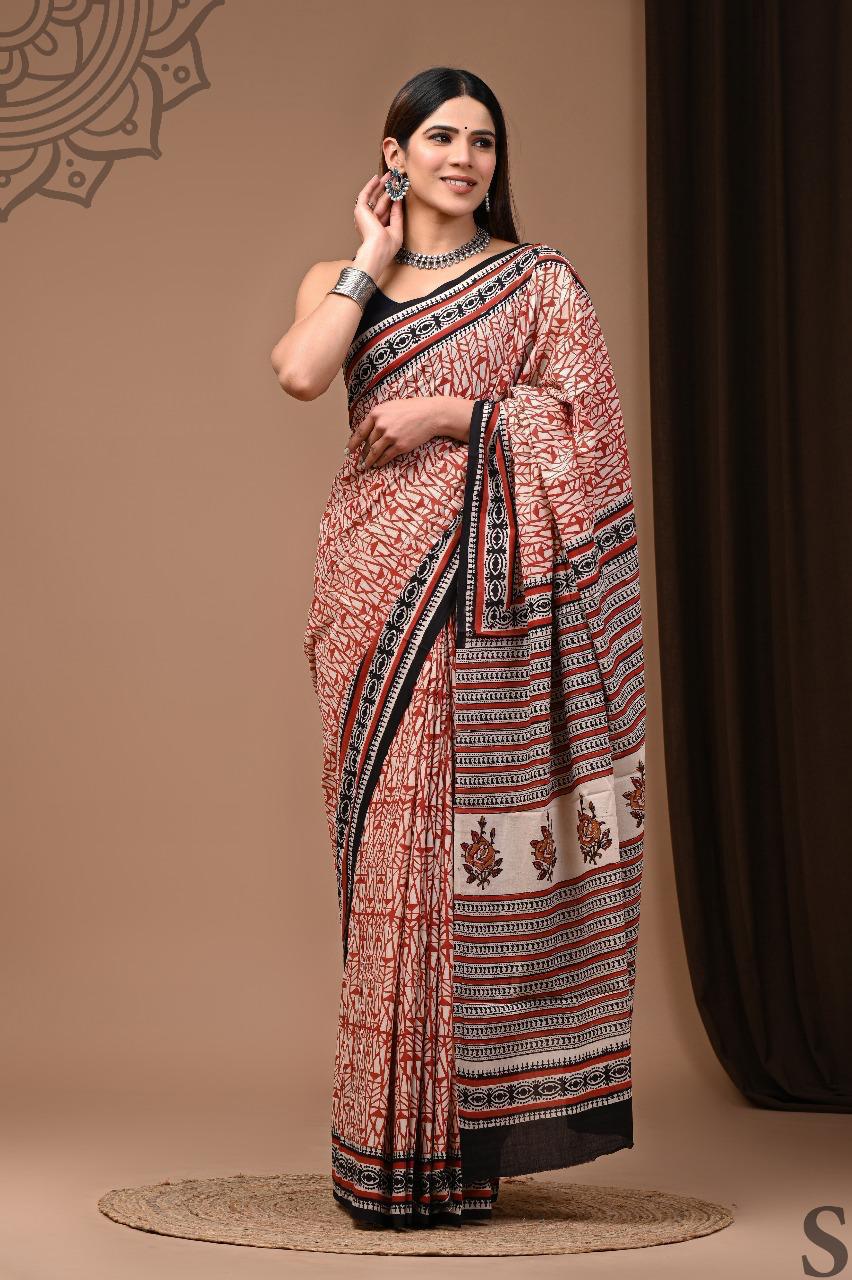 Soft Block Printed Mulmul Cotton Saree (MAROON & OFF WHITE)
