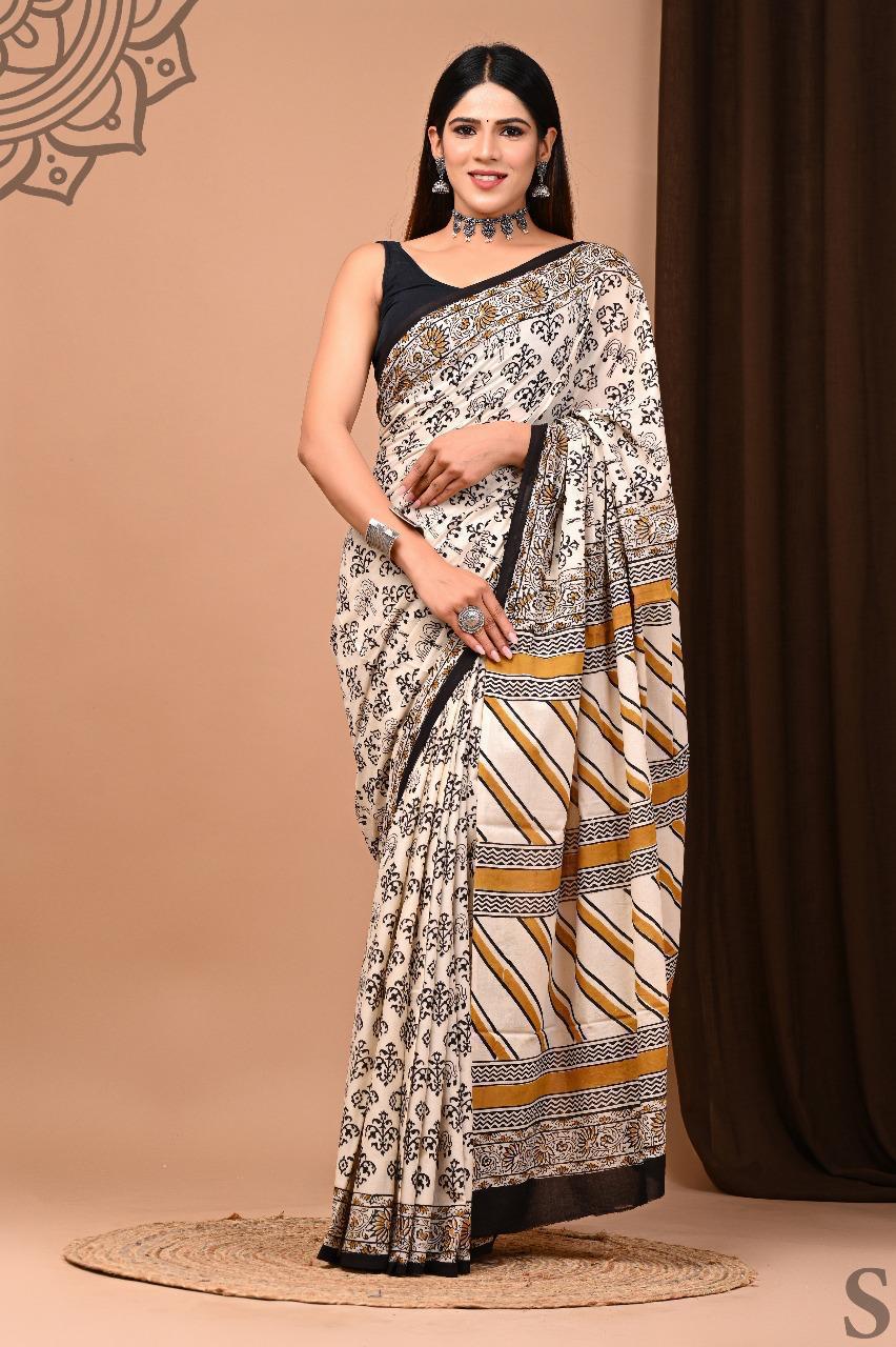 Soft Block Printed Mulmul Cotton Saree (CREAM & BLACK)