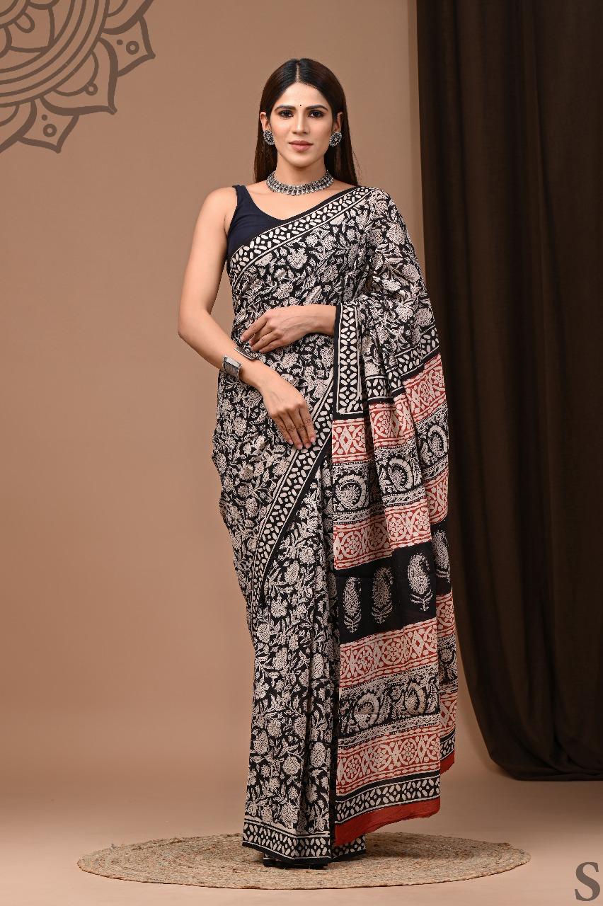 Soft Block Printed Mulmul Cotton Saree (BLACK)