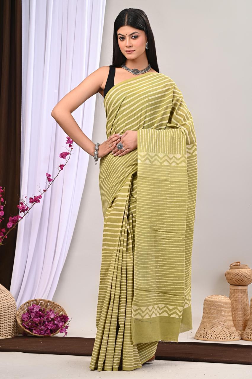 Soft Block Printed Mulmul Cotton Saree (MEHENDI GREEN)