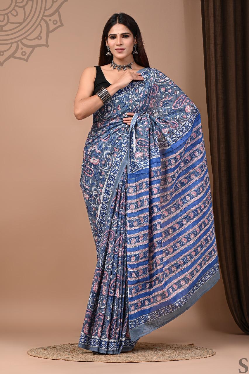 Soft Block Printed Mulmul Cotton Saree (BLUE)