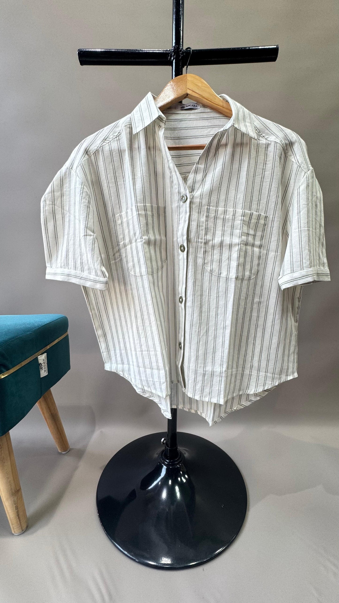 Collared Boxy Fit Stripe Shirt for Women (GREEN)