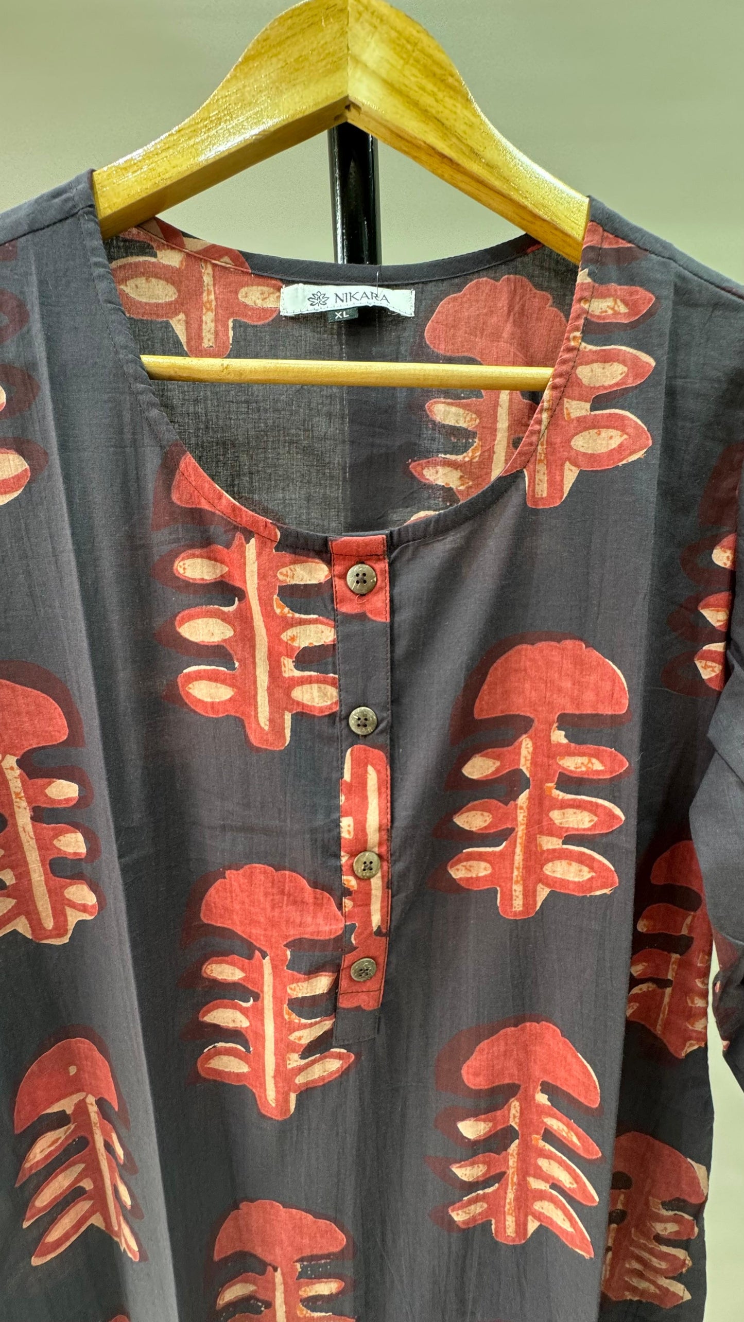 Soft Cotton Mushroom Print Kurti (CHARCOAL BROWN)