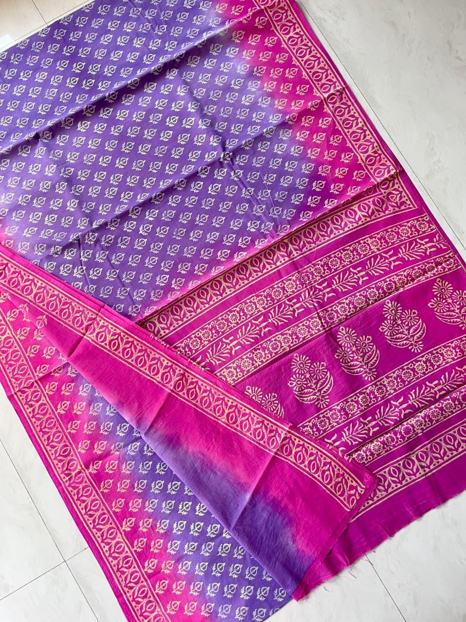 Soft Block Printed Mulmul Cotton Saree (PURPLE & PINK)