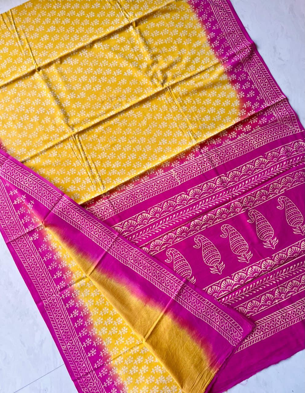 Soft Block Printed Mulmul Cotton Saree (PINK & YELLOW)