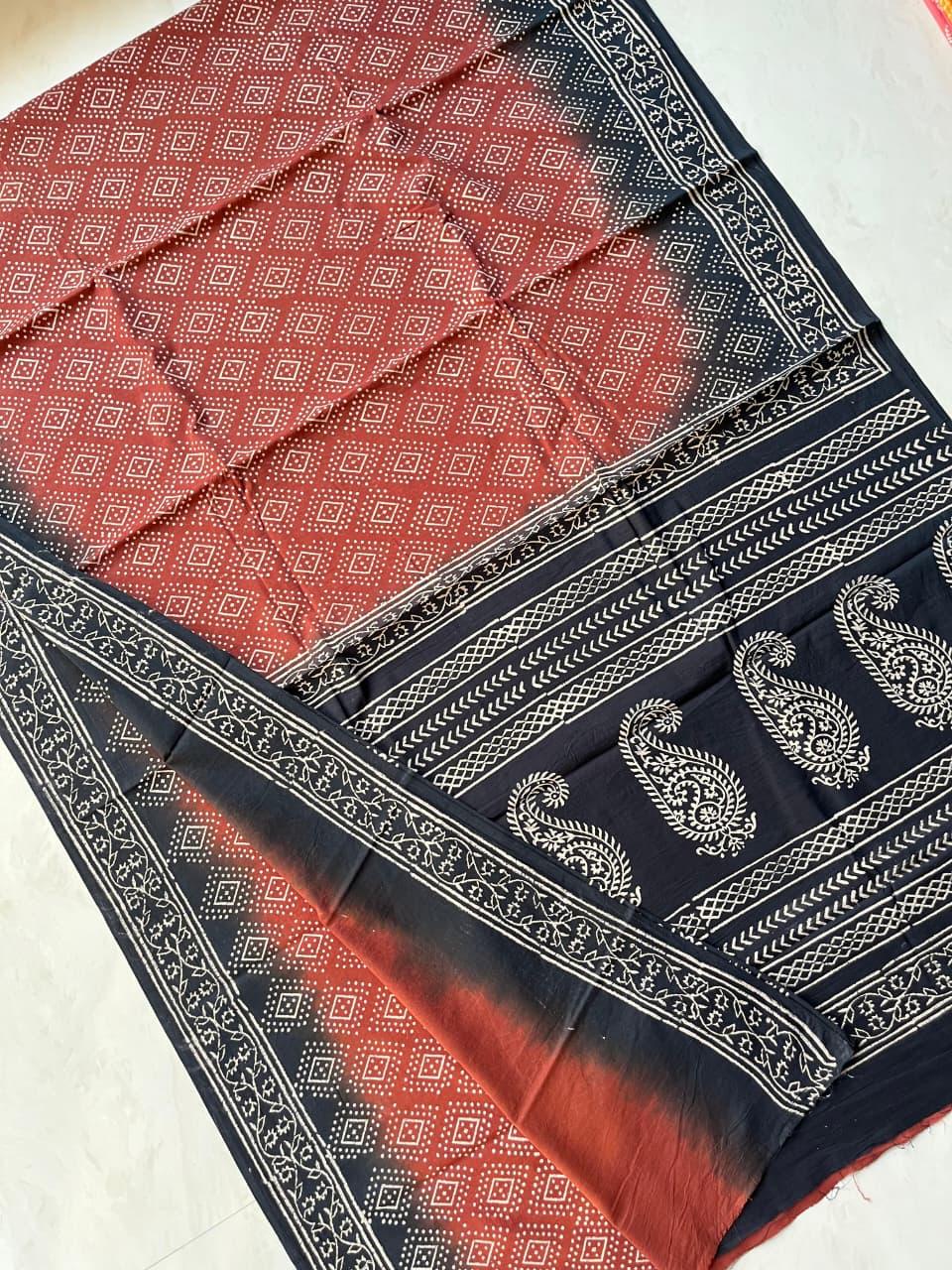 Soft Block Printed Mulmul Cotton Saree (BLACK & MAROON)