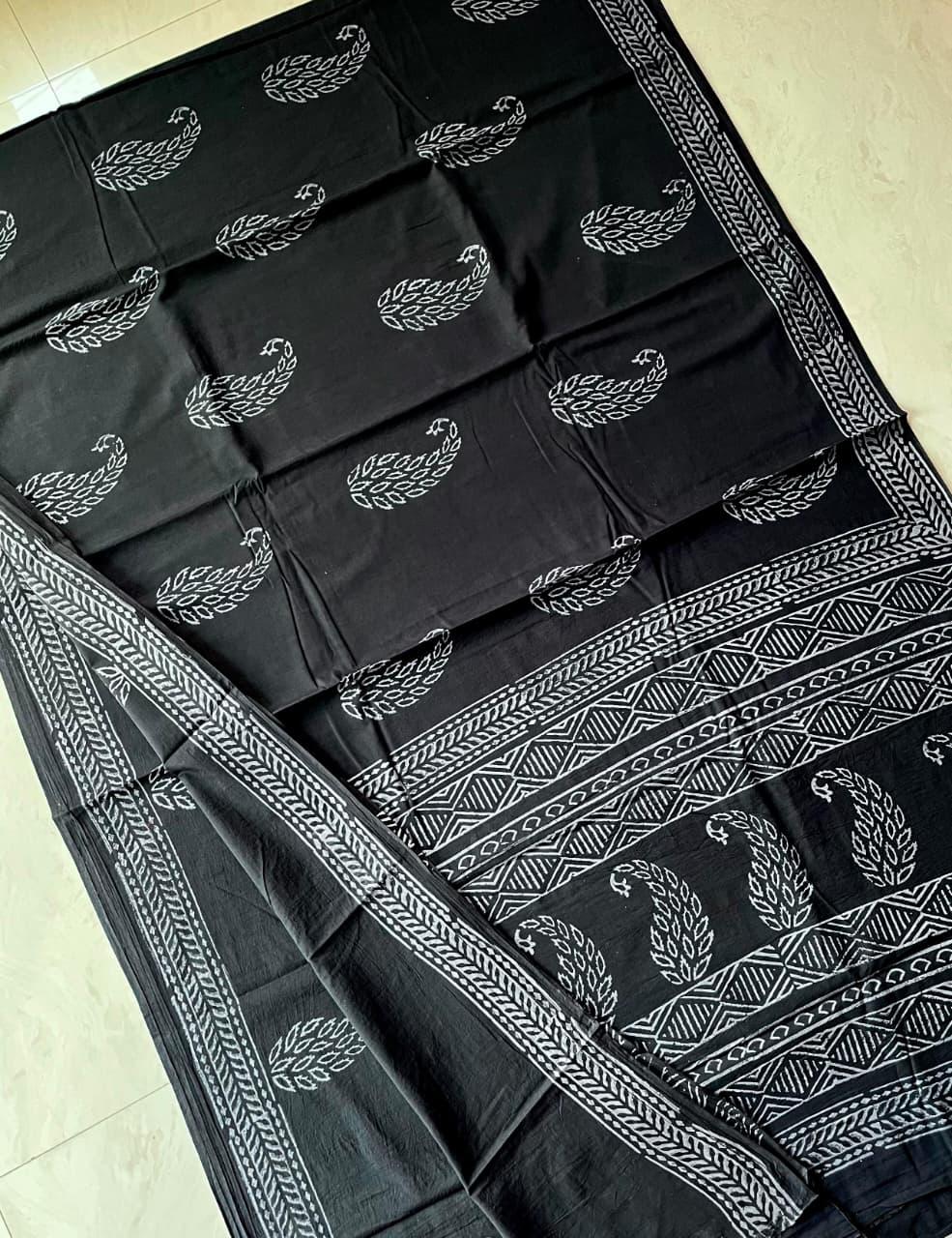Soft Block Printed Mulmul Cotton Saree (BLACK)