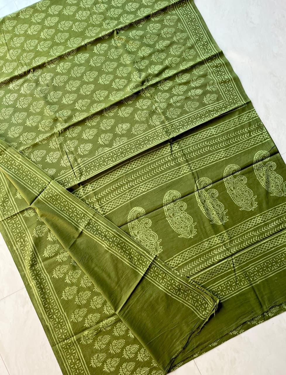 Soft Block Printed Mulmul Cotton Saree (MEHENDI GREEN)