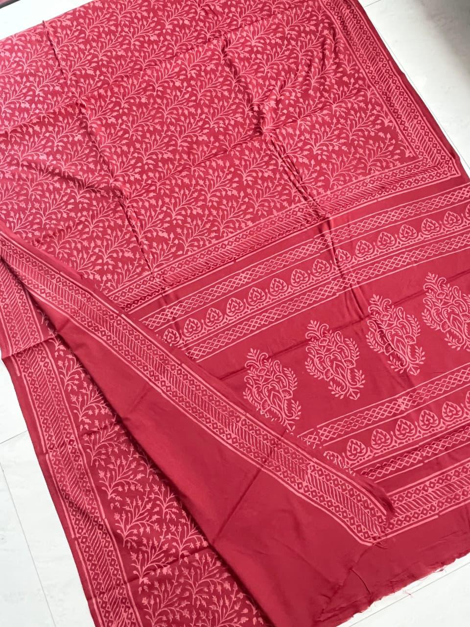 Soft Block Printed Mulmul Cotton Saree (BEETROOT RED)