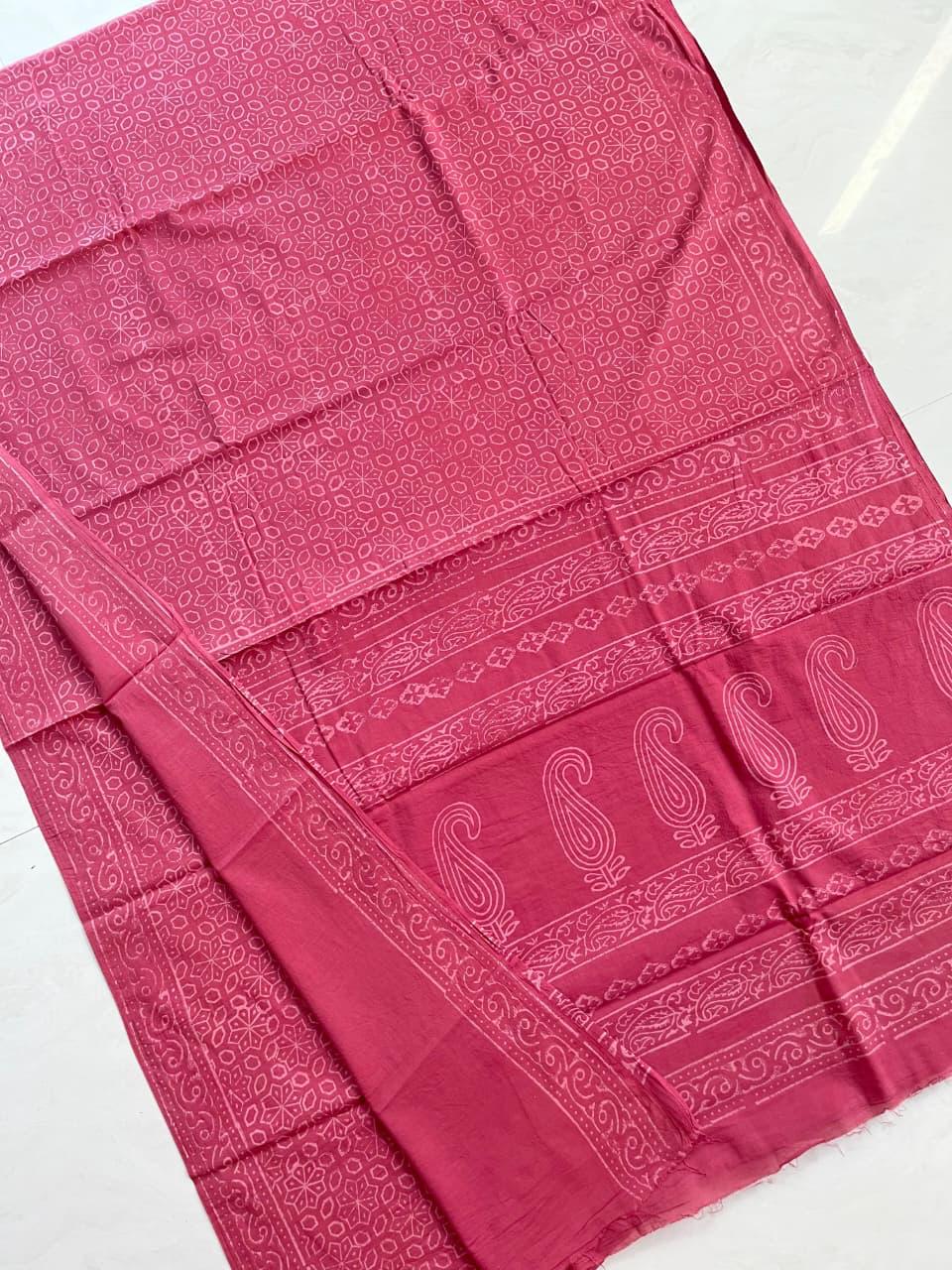 Soft Block Printed Mulmul Cotton Saree (BEETROOT RED)