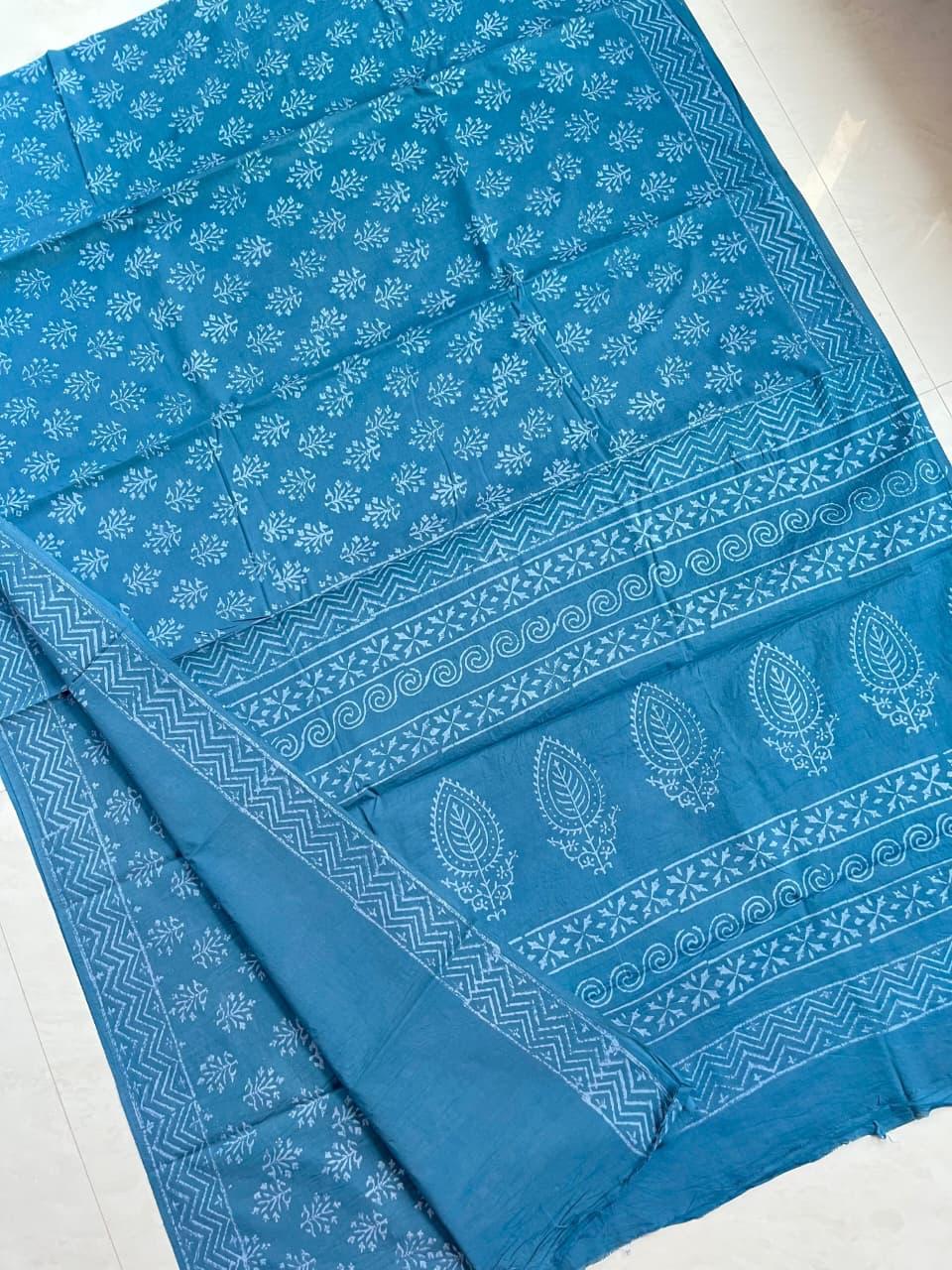 Soft Block Printed Mulmul Cotton Saree (BLUE)