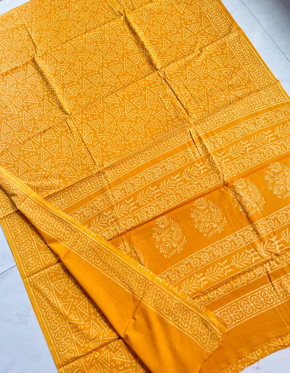 Soft Block Printed Mulmul Cotton Saree (MUSTARD)