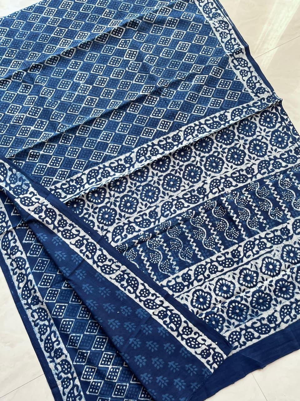 Soft Block Printed Mulmul Cotton Saree (INDIGO)