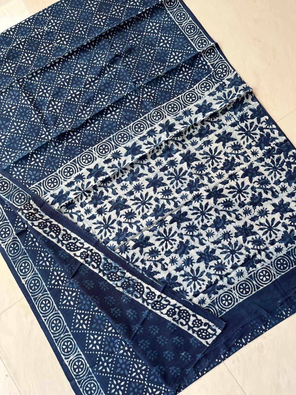 Soft Block Printed Mulmul Cotton Saree (INDIGO)