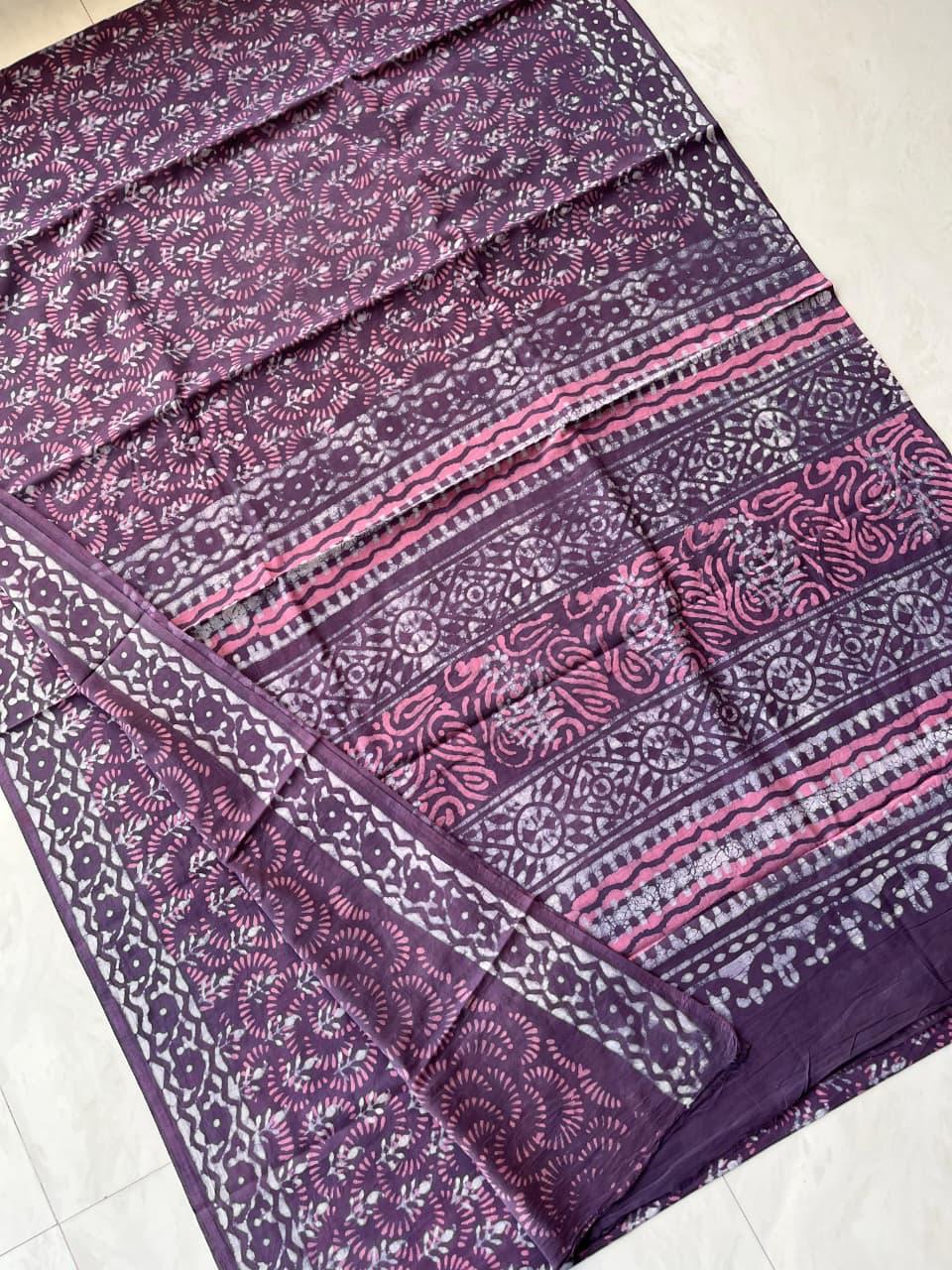 Soft Block Printed Mulmul Cotton Saree (PURPLE)
