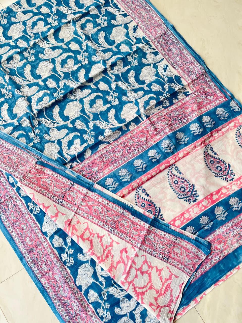 Soft Block Printed Mulmul Cotton Saree (BLUE)
