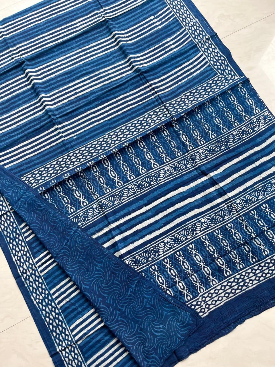 Soft Block Printed Mulmul Cotton Saree (INDIGO)