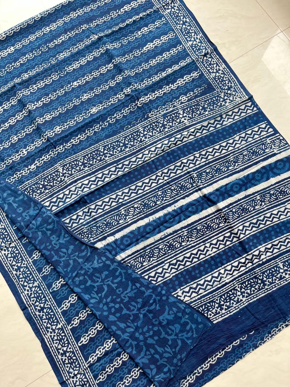 Soft Block Printed Mulmul Cotton Saree (INDIGO)