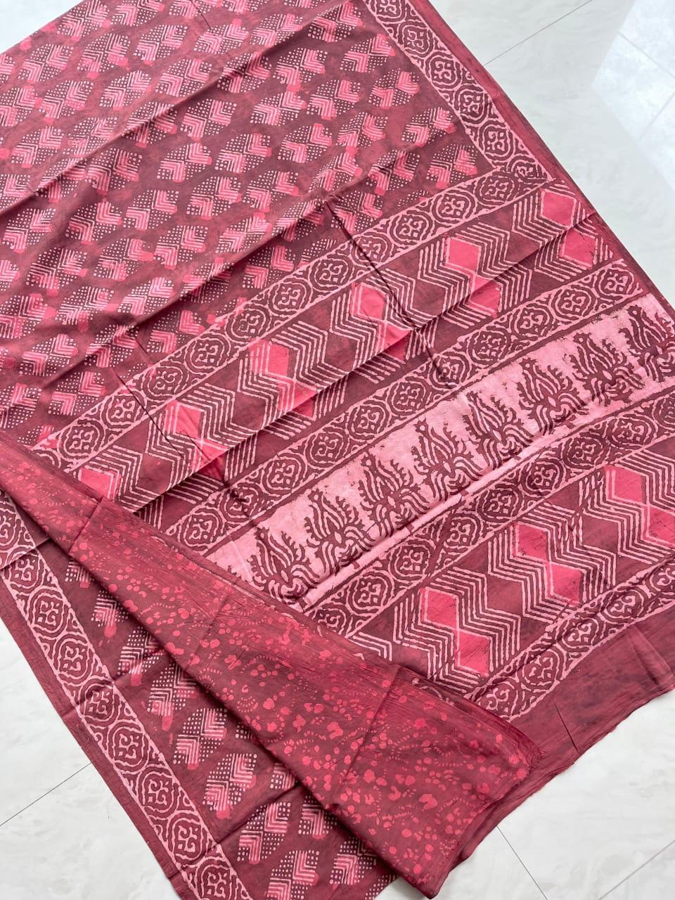 Soft Block Printed Mulmul Cotton Saree (BEETROOT RED)