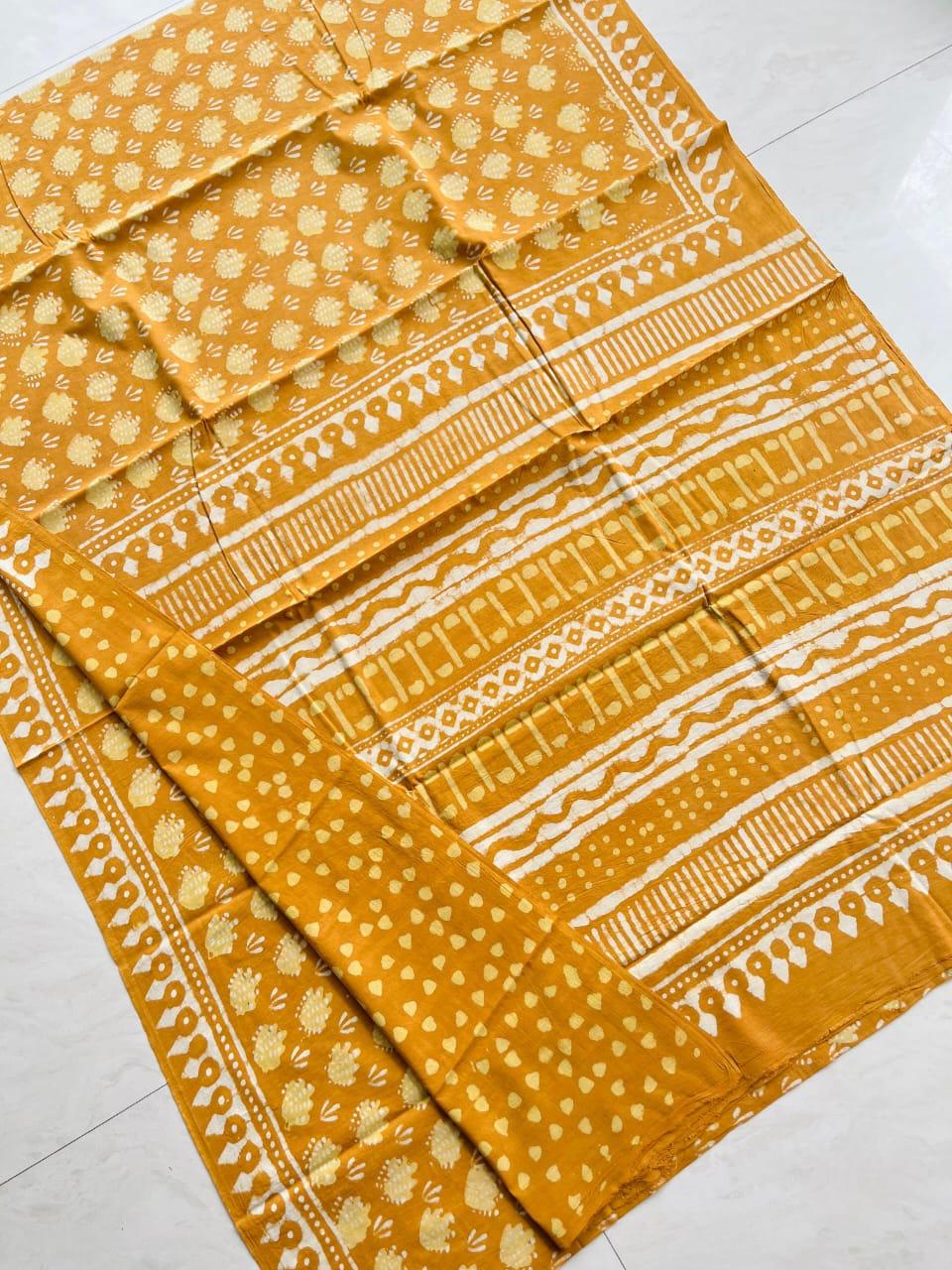 Soft Block Printed Mulmul Cotton Saree (MUSTARD)