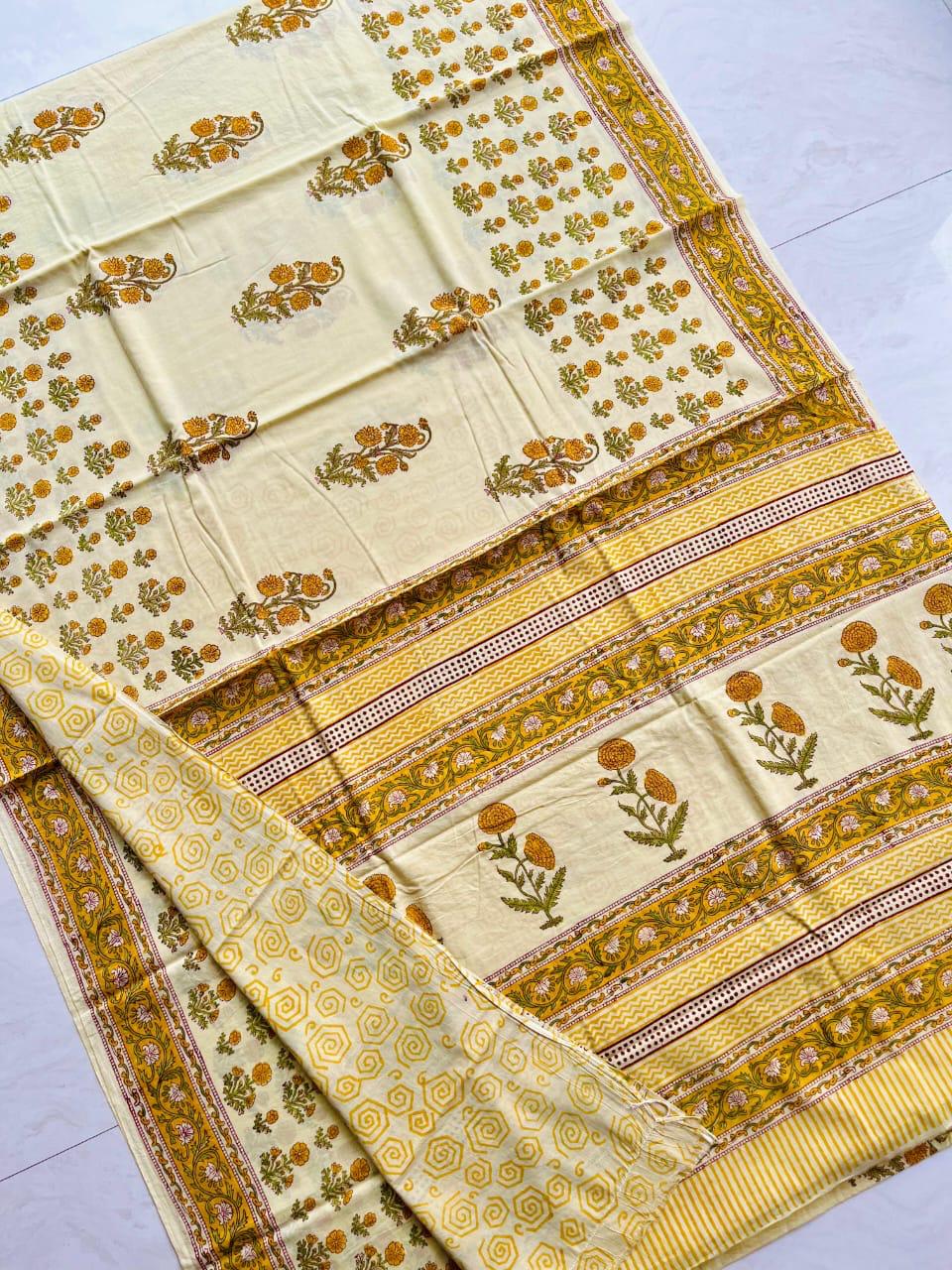 Soft Block Printed Mulmul Cotton Saree (CREAM)