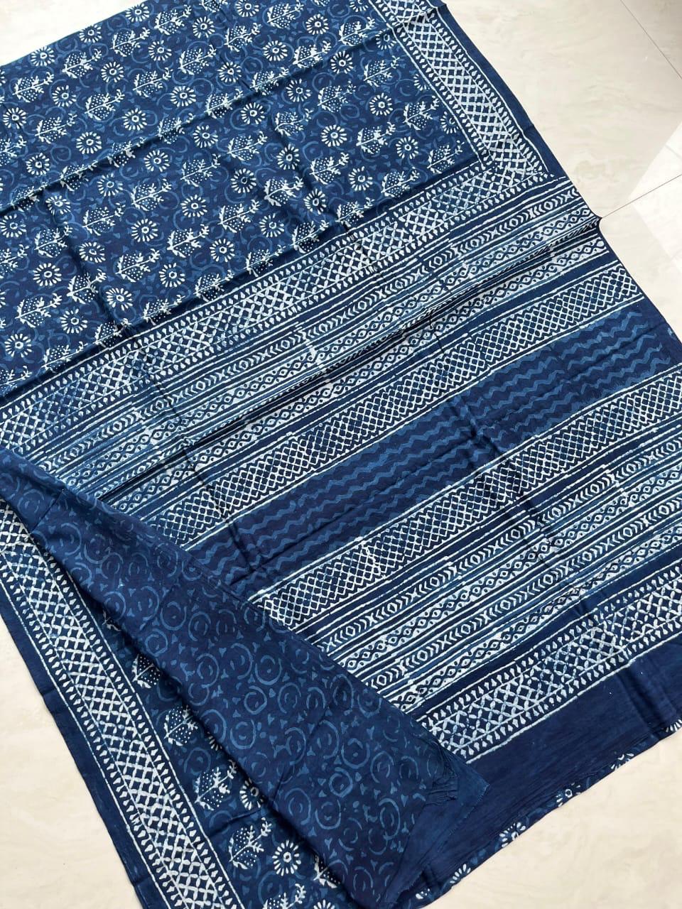 Soft Block Printed Mulmul Cotton Saree (INDIGO)