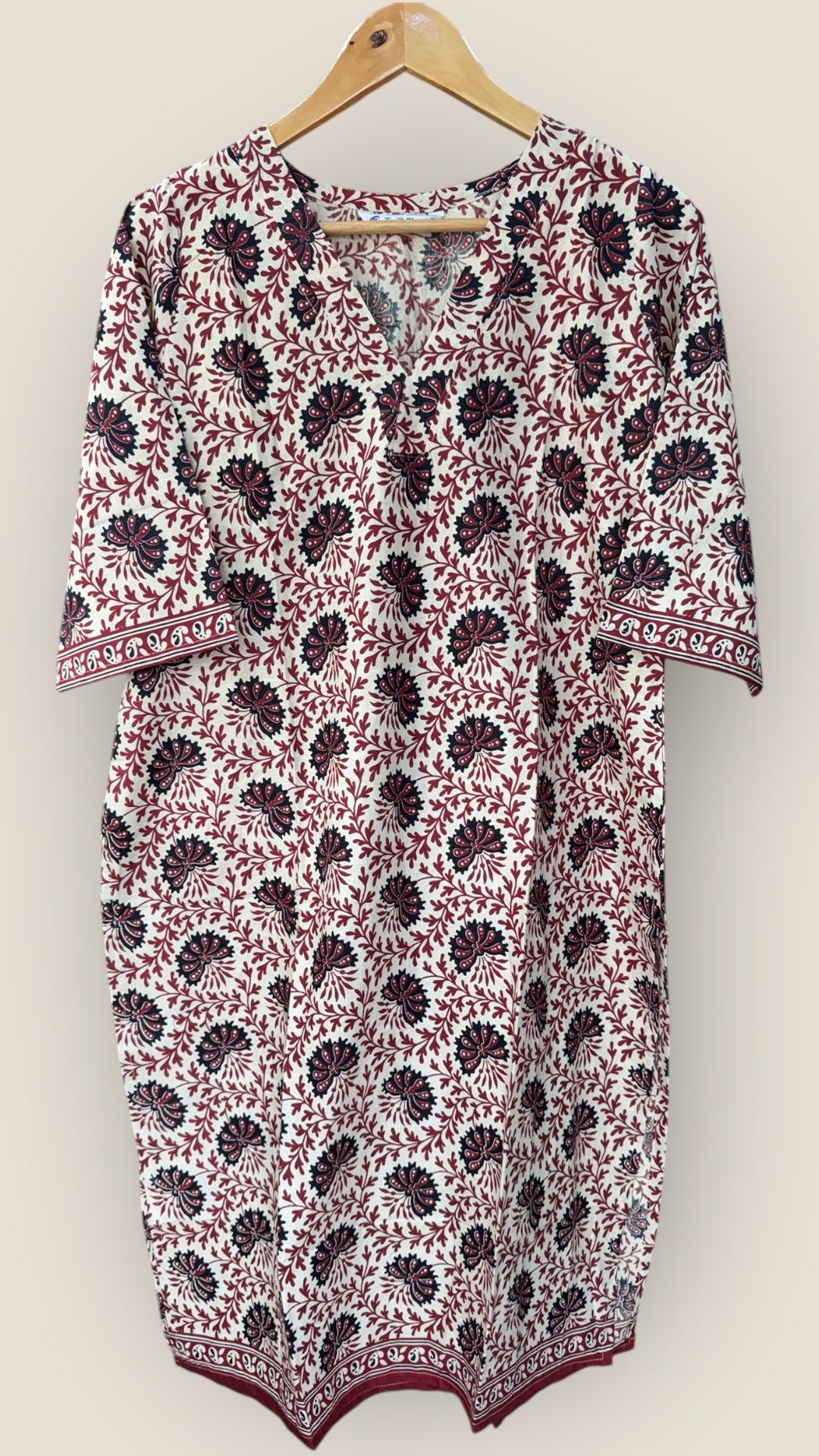 Printed Kalamkari Cotton Kurti (MAROON & OFF WHITE)
