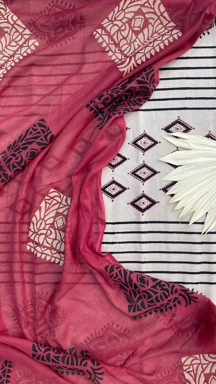 Pure Ajrak Cotton Salwar Suit with hand crafted Mulmul Dupatta (CREAM & BLACK)