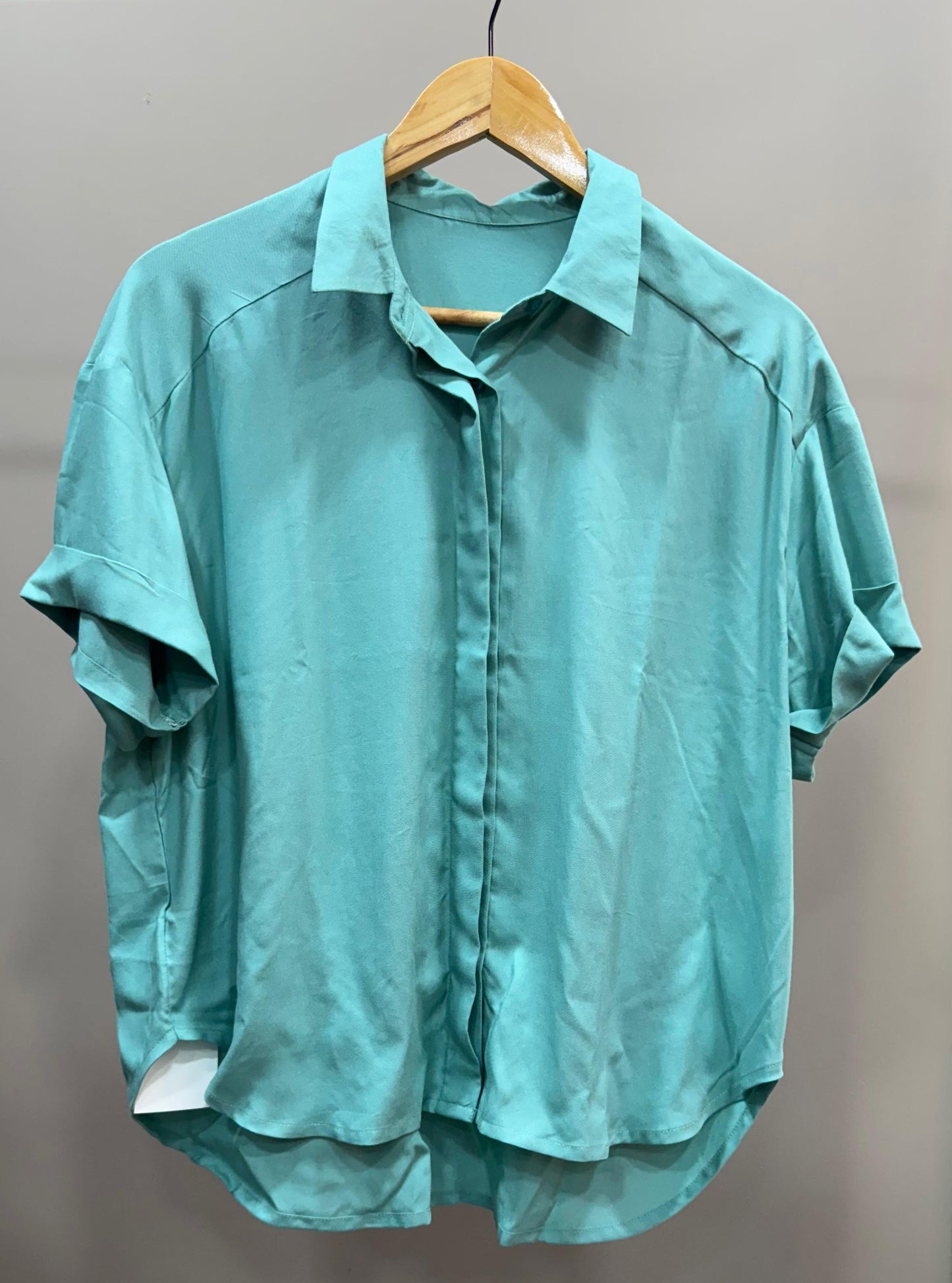 Collared Boxy Fit Solid Shirt for Women (AQUA CYAN)