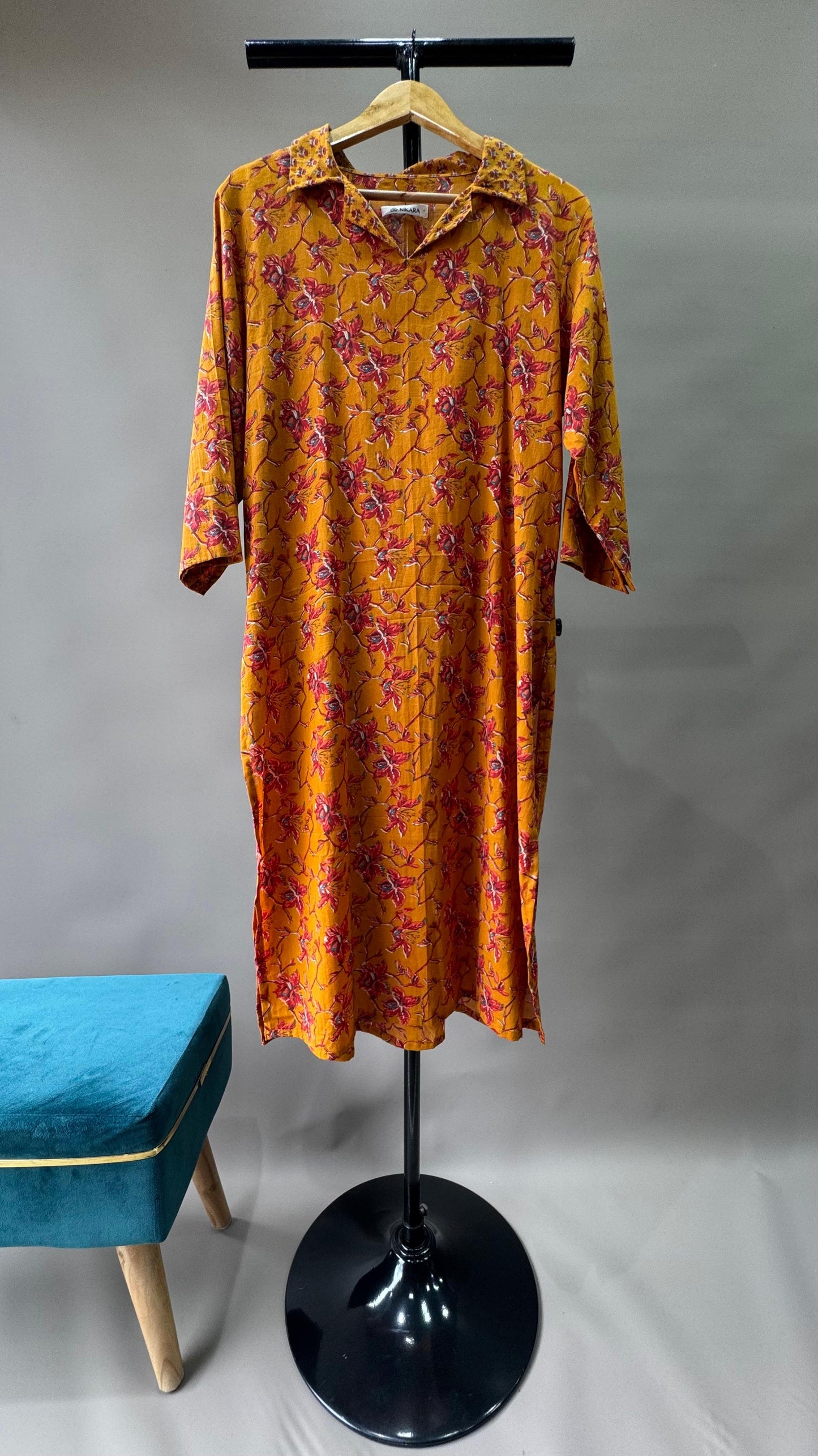 Floral Print Mulmul Kurti (MUSTARD ORANGE)