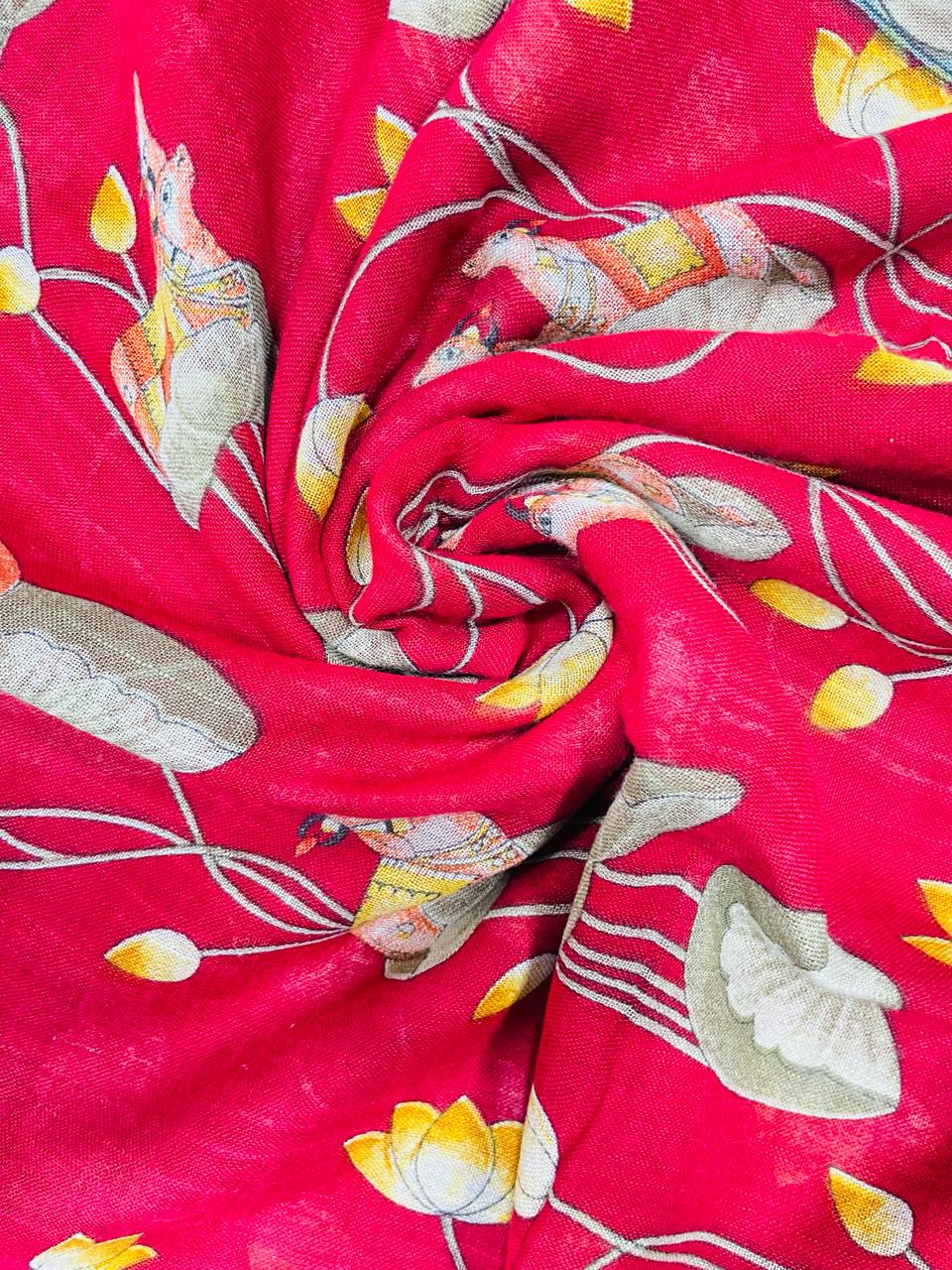 Soft Organic Linen Cotton Saree with Pichwai Print (RED)